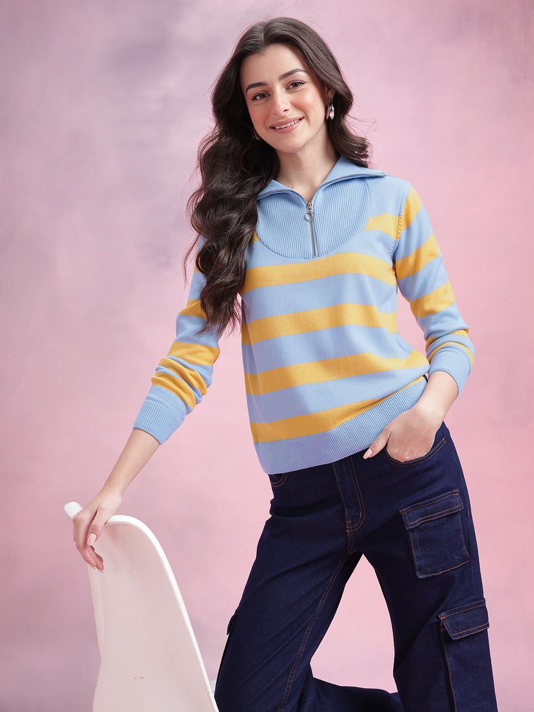 DressBerry Striped Half Zipper Pullover