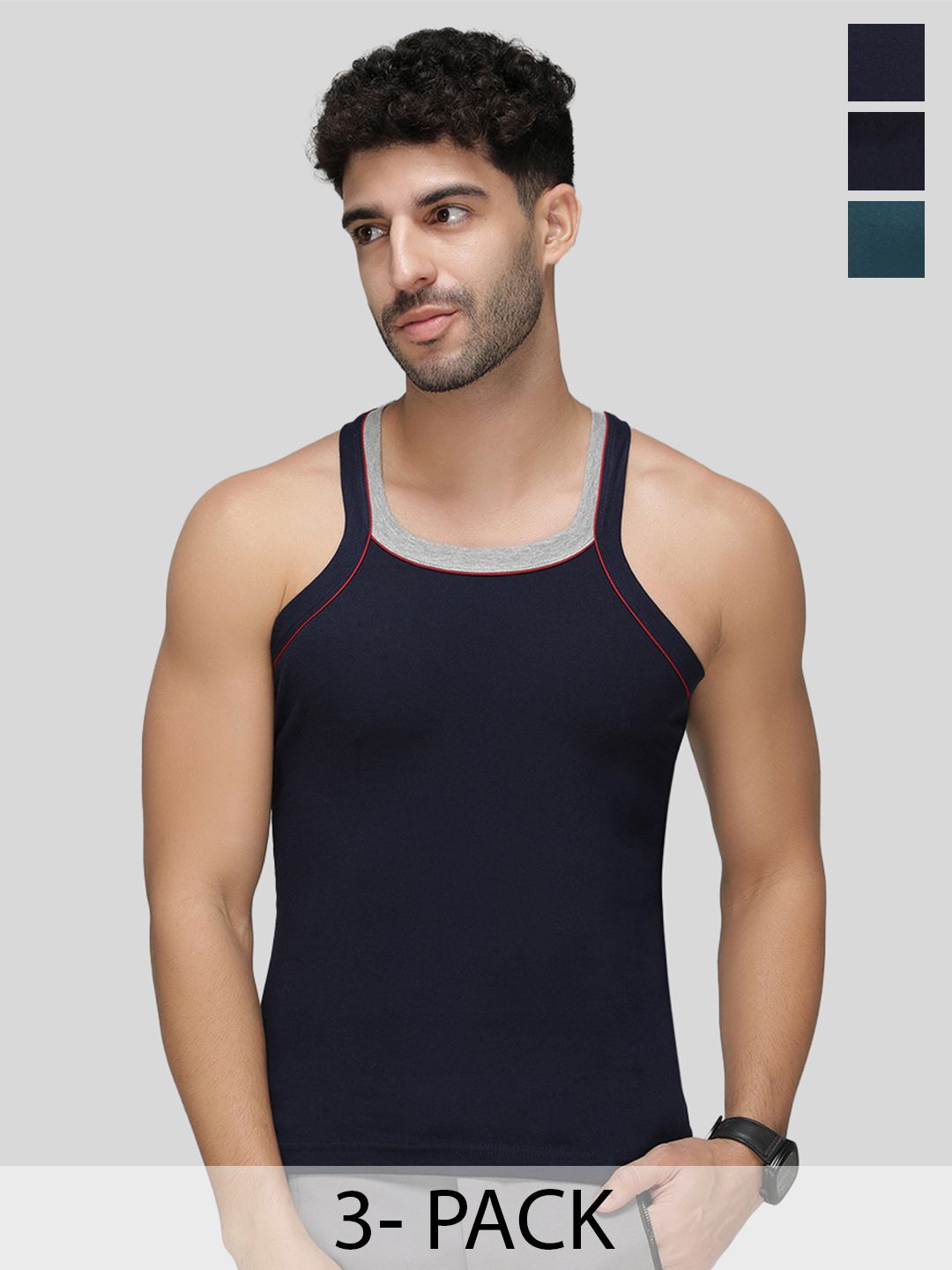 AMUL COMFY Pack Of 3 Pure Cotton Gym Vests AC-VE-GVESTDF-RD-NY-BLK-XS-3PC