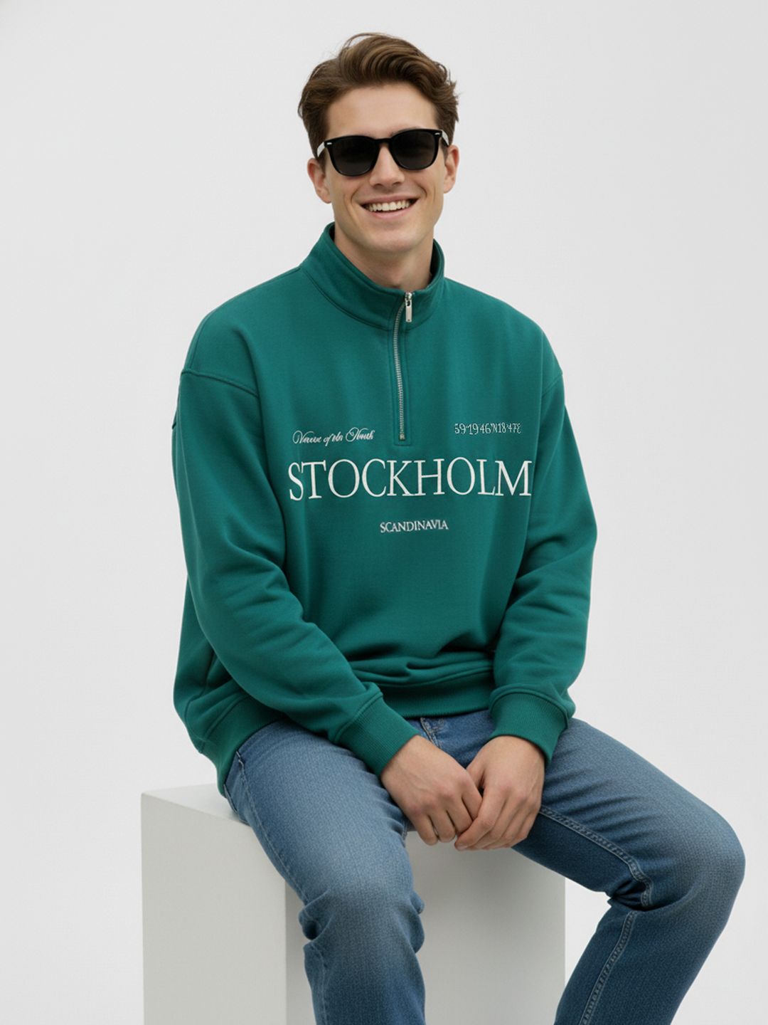 Mast & Harbour Typography Embroidered Mock Collar Drop Shoulder Sleeves Fleece Pullover