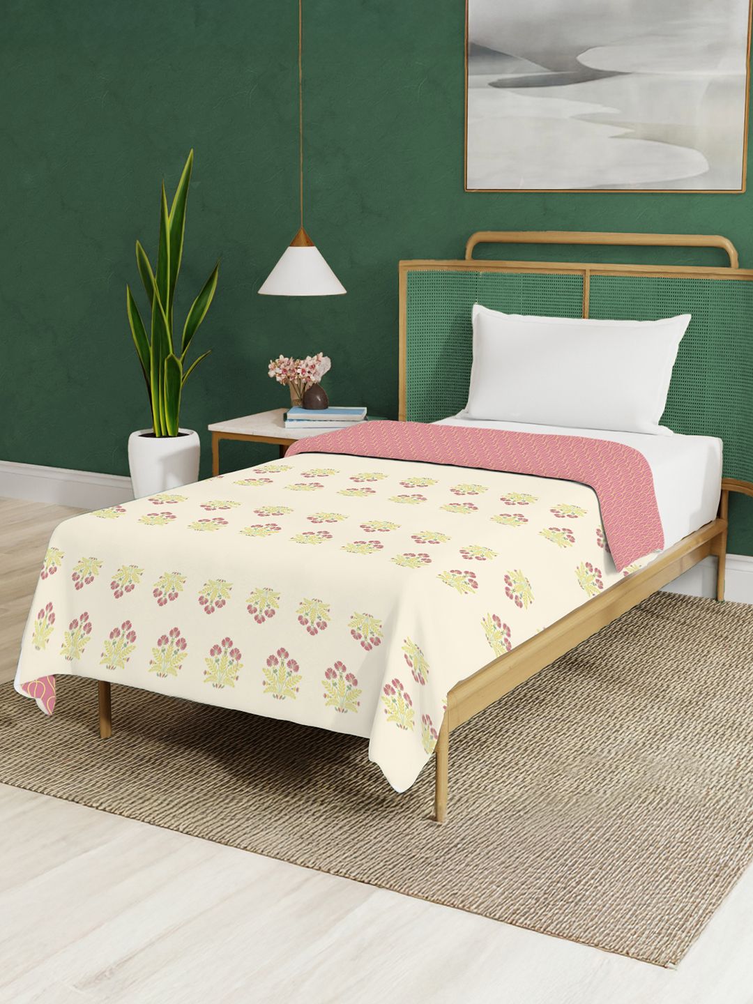 White & Green Floral Ac Room Single Bed Dohar