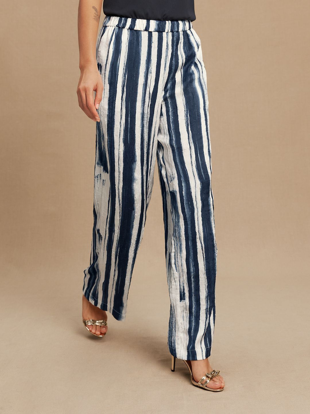 NEXT Women Striped Satin Crinkle Wide Leg Trousers