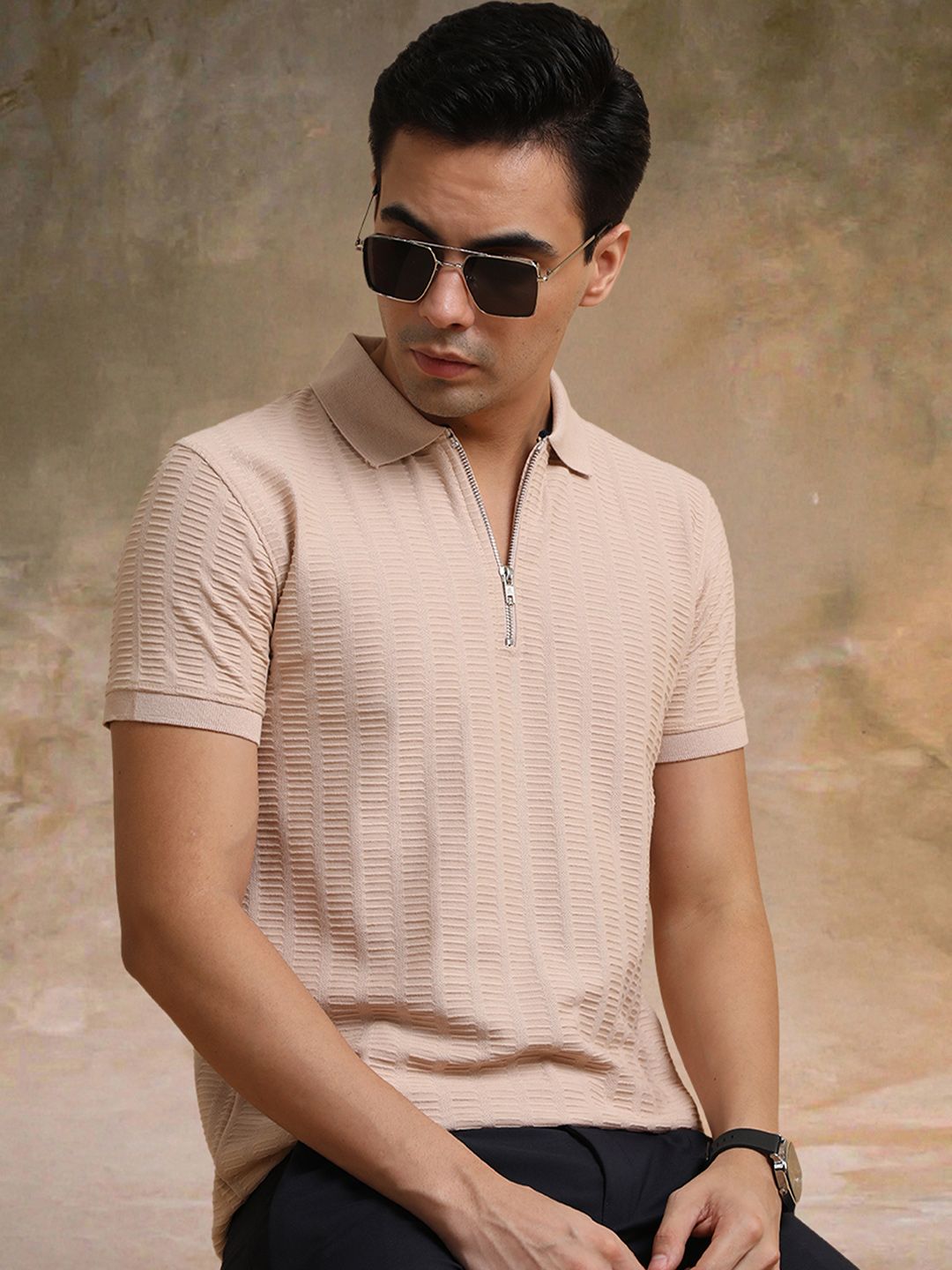Maniac Men Self Design Polo Collar Cotton T-shirt