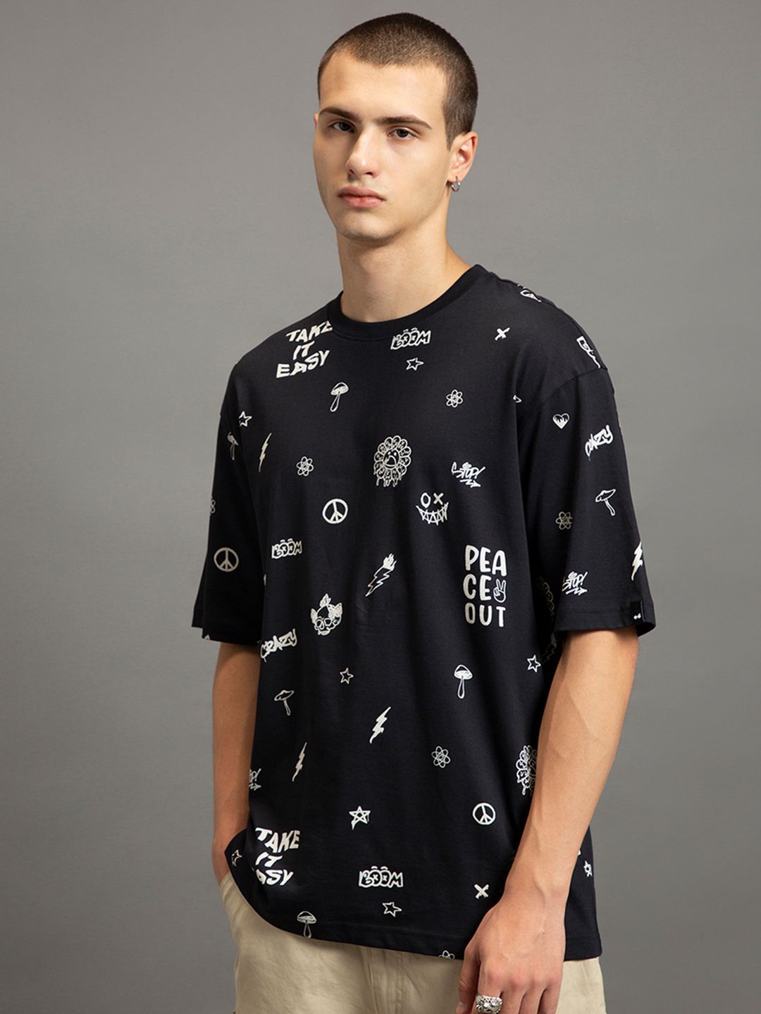 Bewakoof Conversational Printed Drop-Shoulder Sleeves Pure Cotton Oversized T-shirt