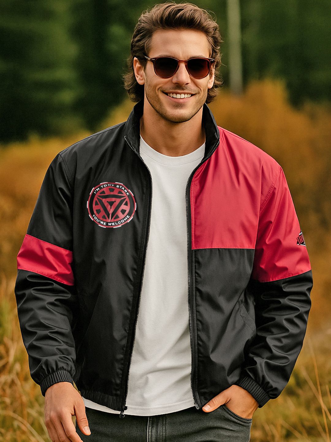 Bewakoof AIR Marvel Men's Black & Bold Red Color Block Oversized Windcheater Jacket