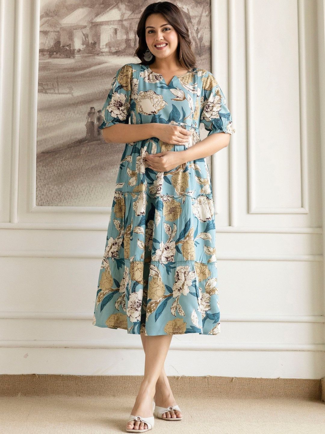 THE PERFECT FIT CO. Floral Print Fit & Flare Midi Maternity & Nursing Cotton Dress