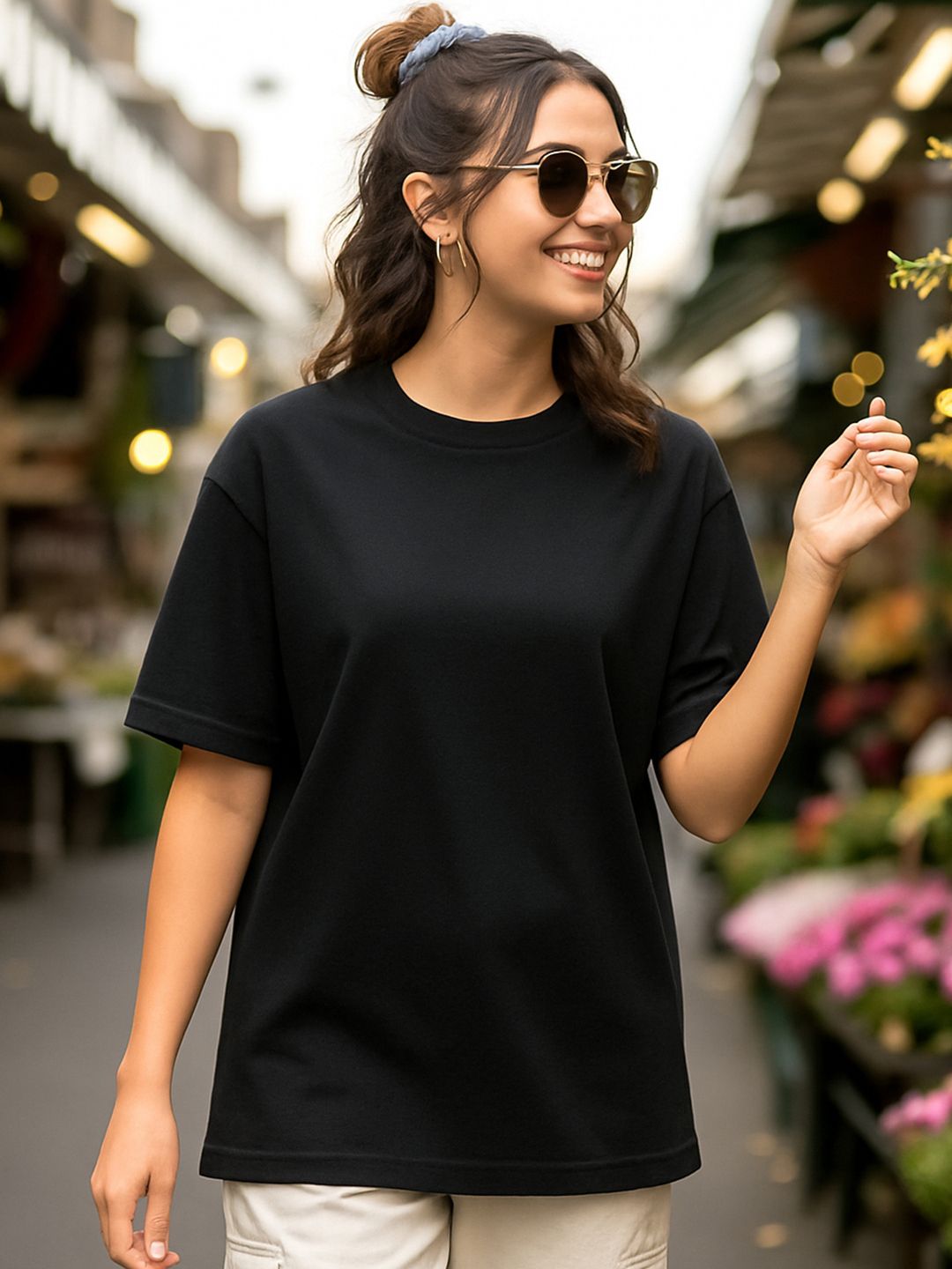 Bewakoof Women Solid Round Neck Cotton Oversized T-shirt