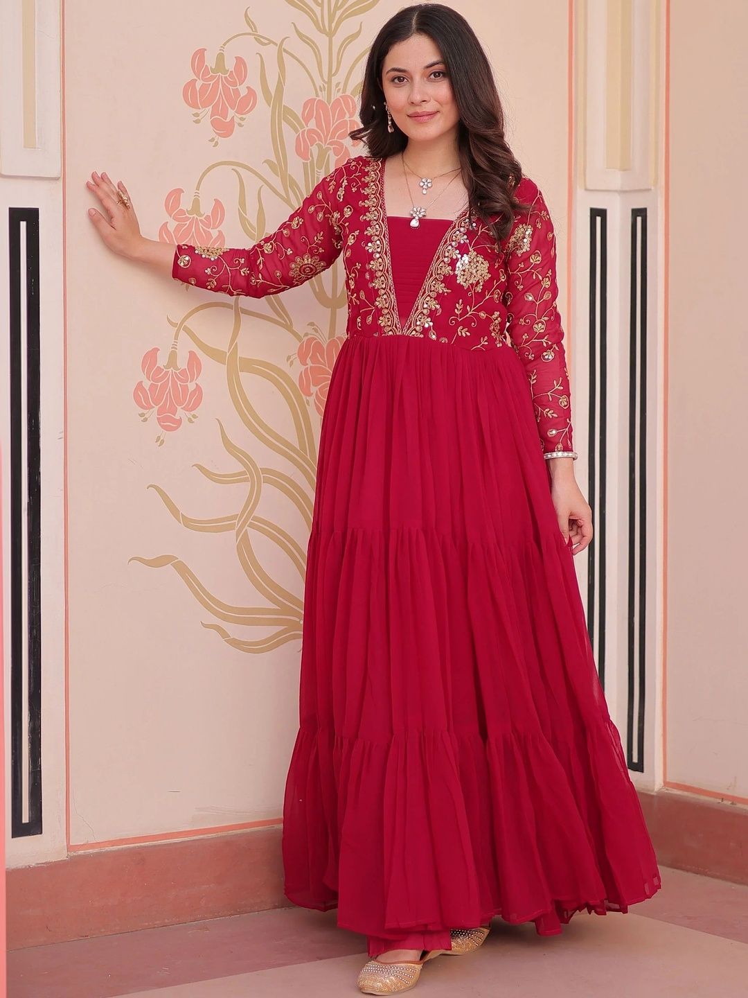 LAZZLY Ethnic Motifs Embroidered Sequinned Georgette Fit & Flare Maxi Ethnic Dress