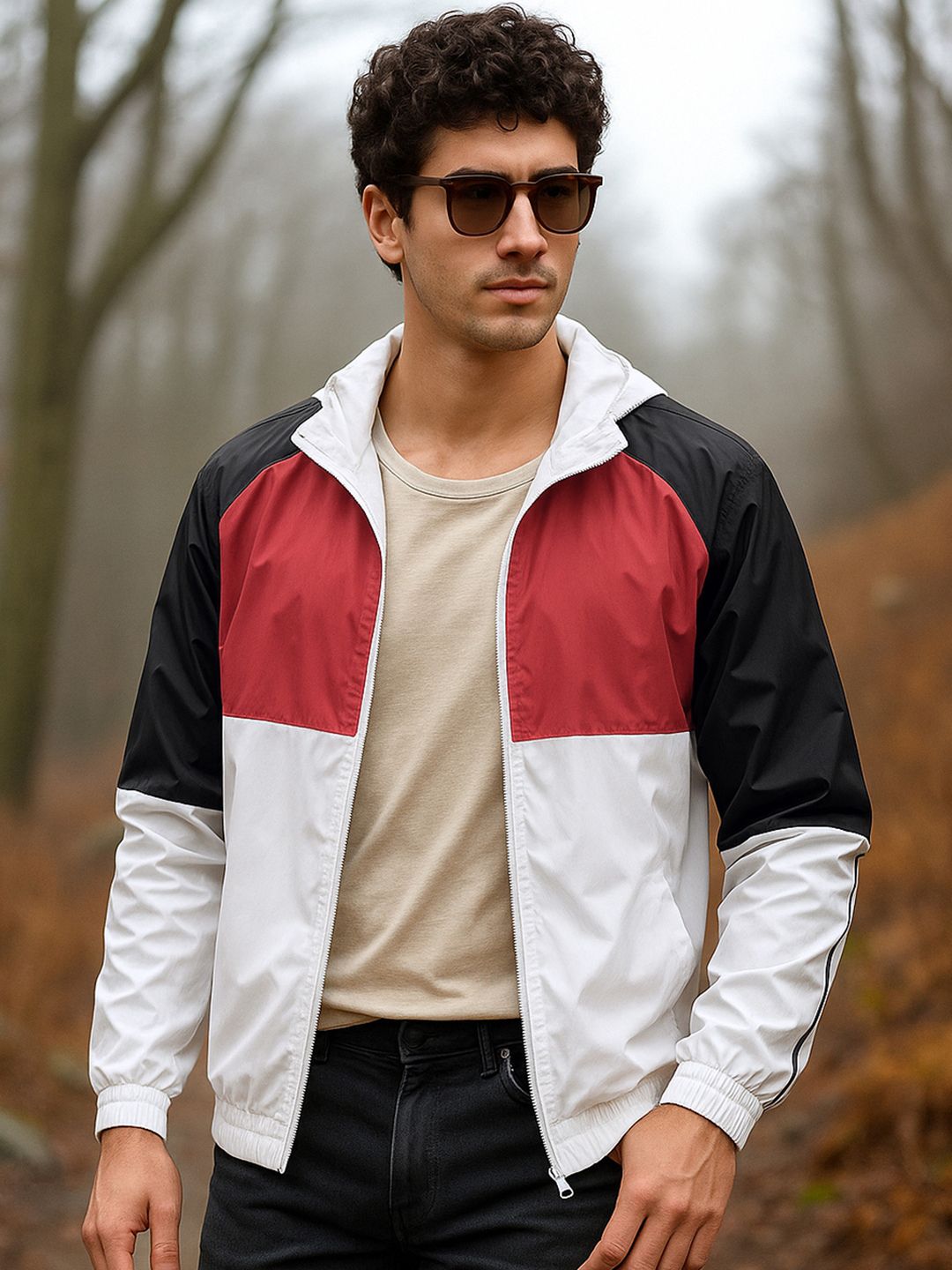 Bewakoof Air 1.0 Men's White & Red Color Block Hooded Windcheater Jacket