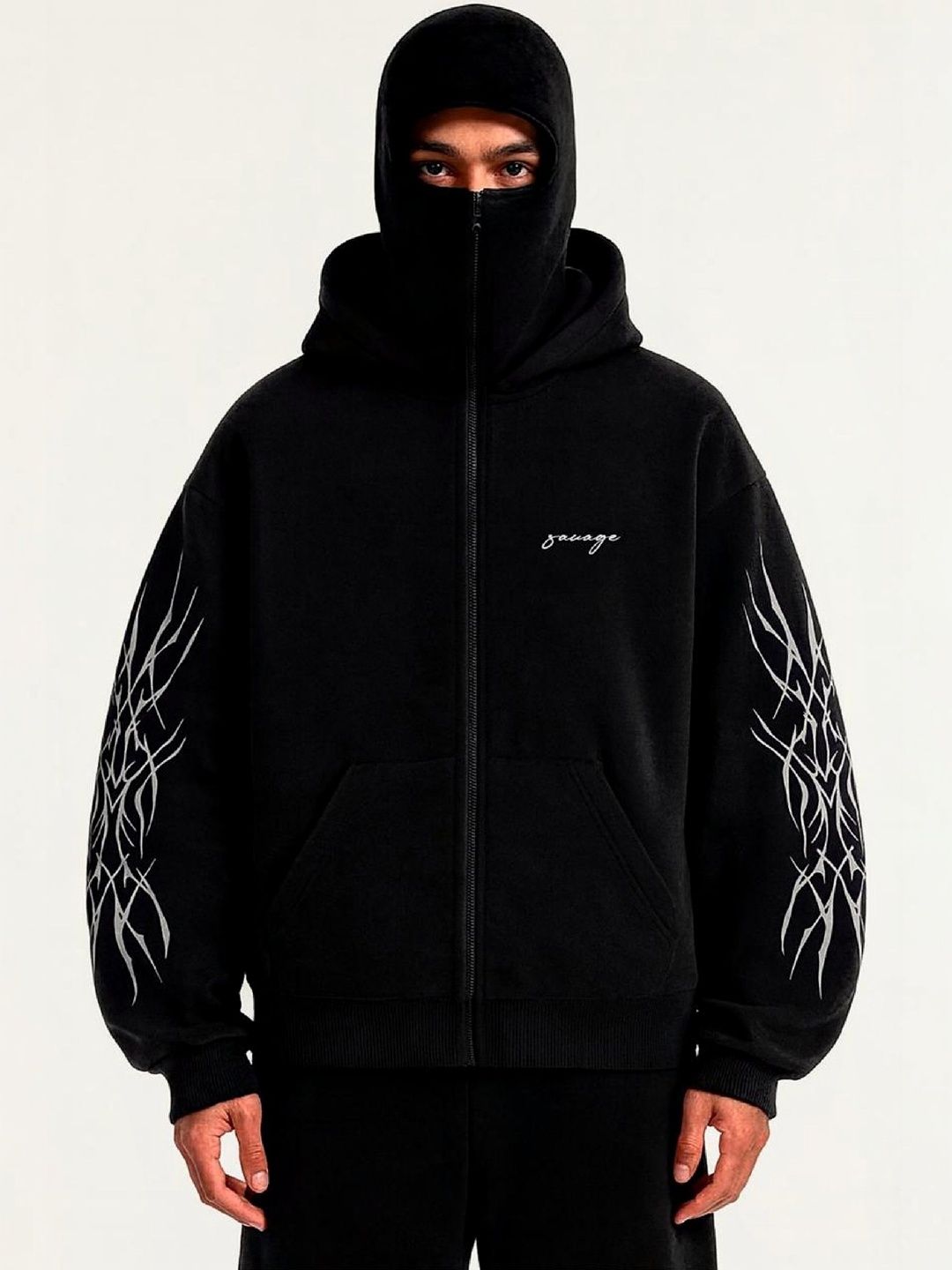 Be Savage Men Balaclava Zipper Face Hooded Ninja Print Sweatshirt