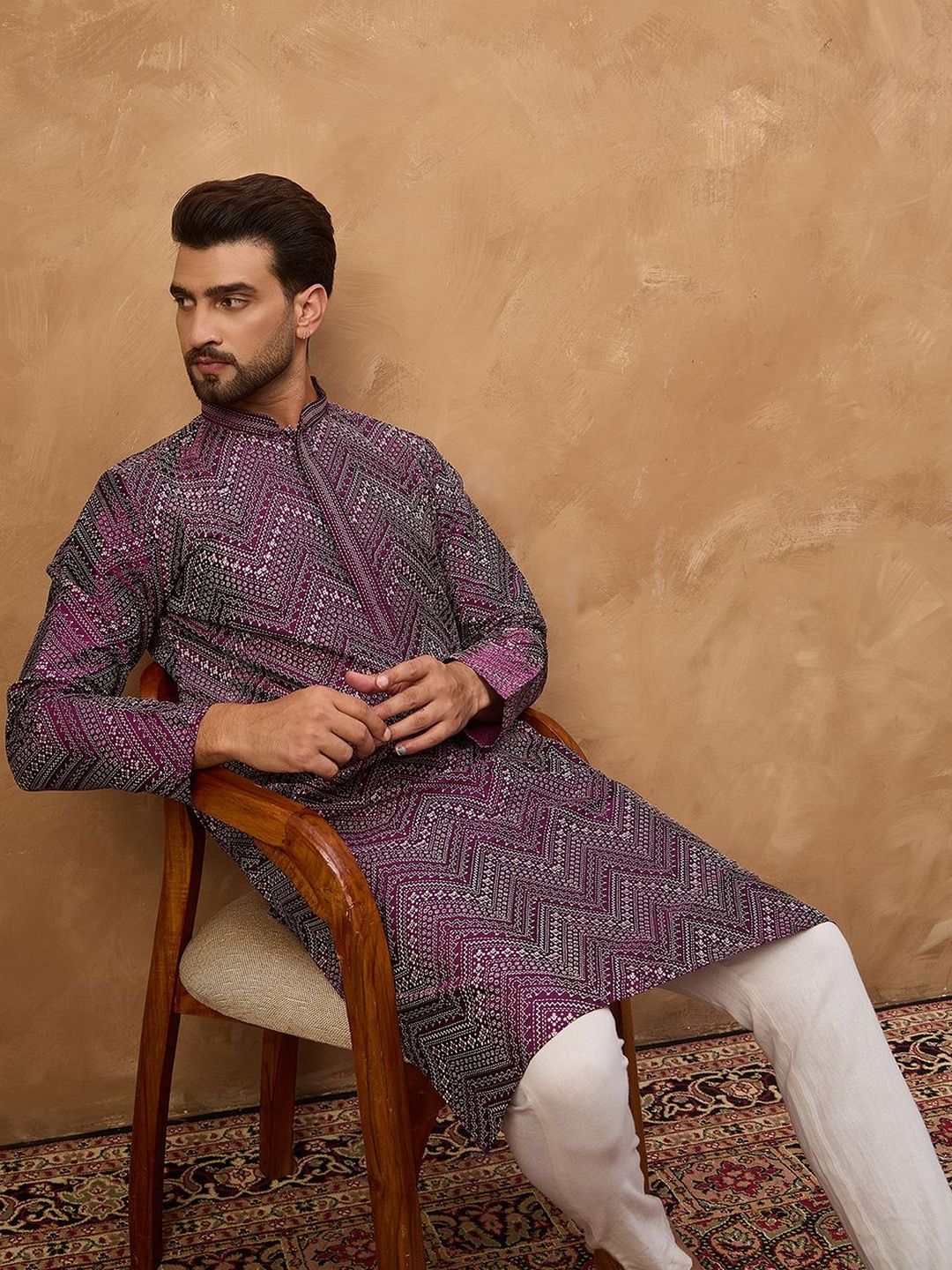 House of Pataudi Printed Silk Mandarin Collar Straight Kurtas