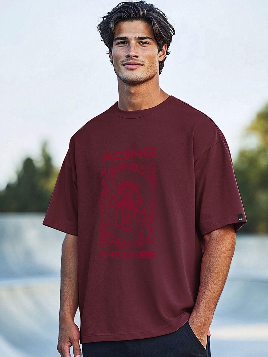 Bewakoof Men's Maroon Aceing The Mess Graphic Printed Oversized T-shirt