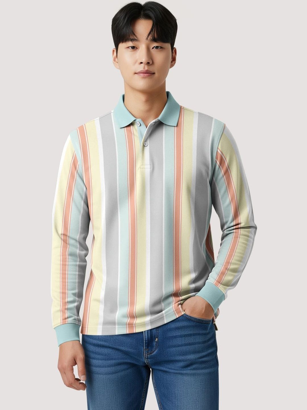 BULLMER Men Striped Polo Collar T-shirt