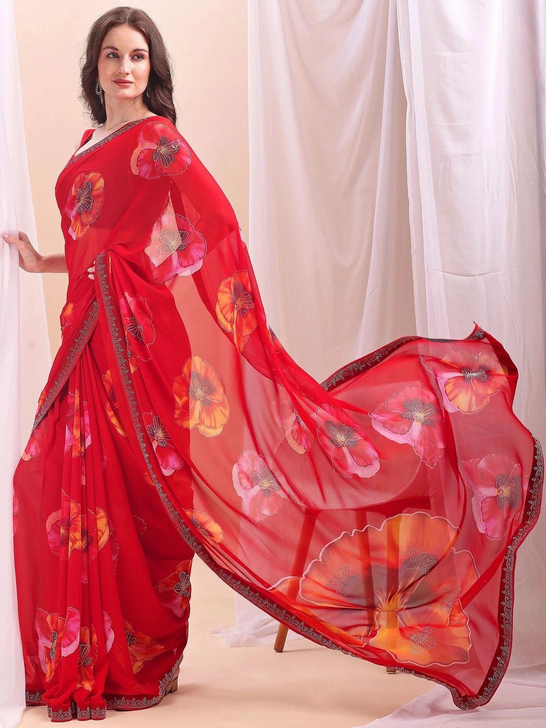 Vibhagyaa Floral Sequinned Poly Chiffon Designer Saree
