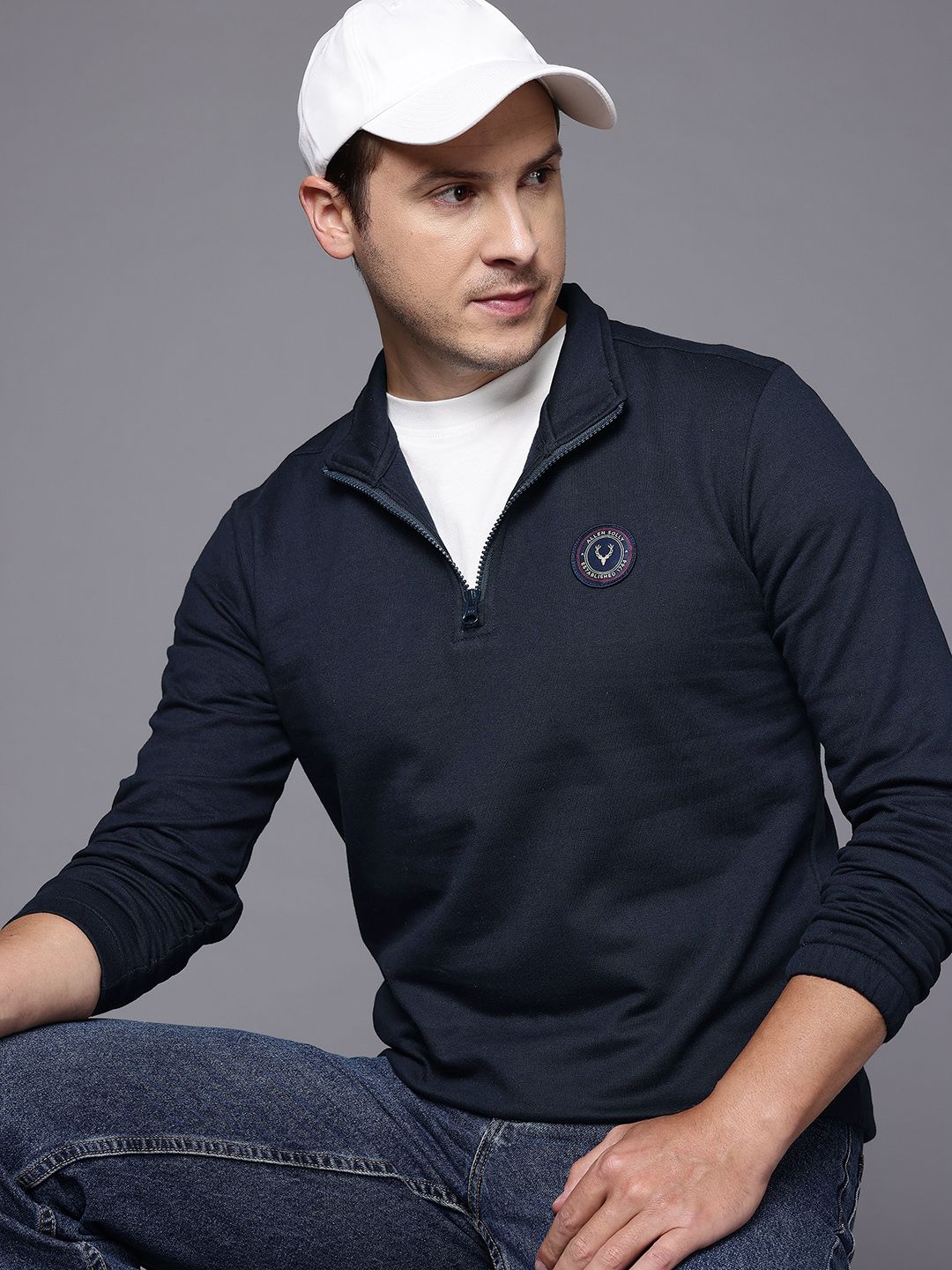Allen Solly Brand Logo Applique Mock Collar Fleece Pullover with Half-Zipper