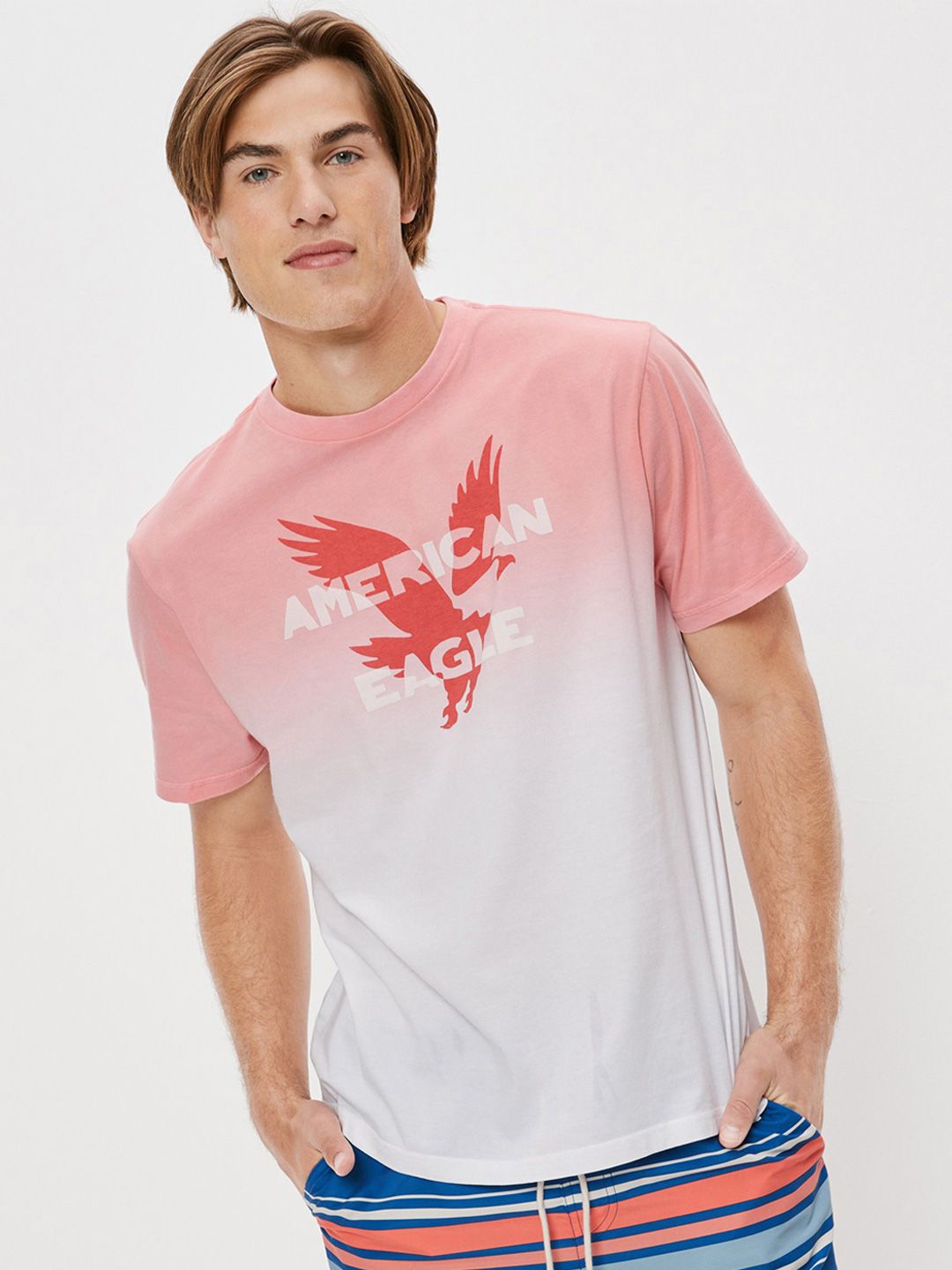 AMERICAN EAGLE OUTFITTERS Dip-Dye Logo Graphic Printed Pure Cotton T-Shirt Offers & Cashback