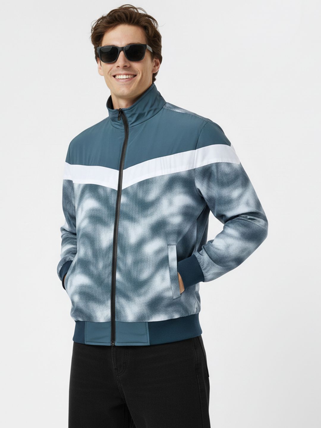 HERE&NOW Colourblocked Abstract Printed Bomber Jacket