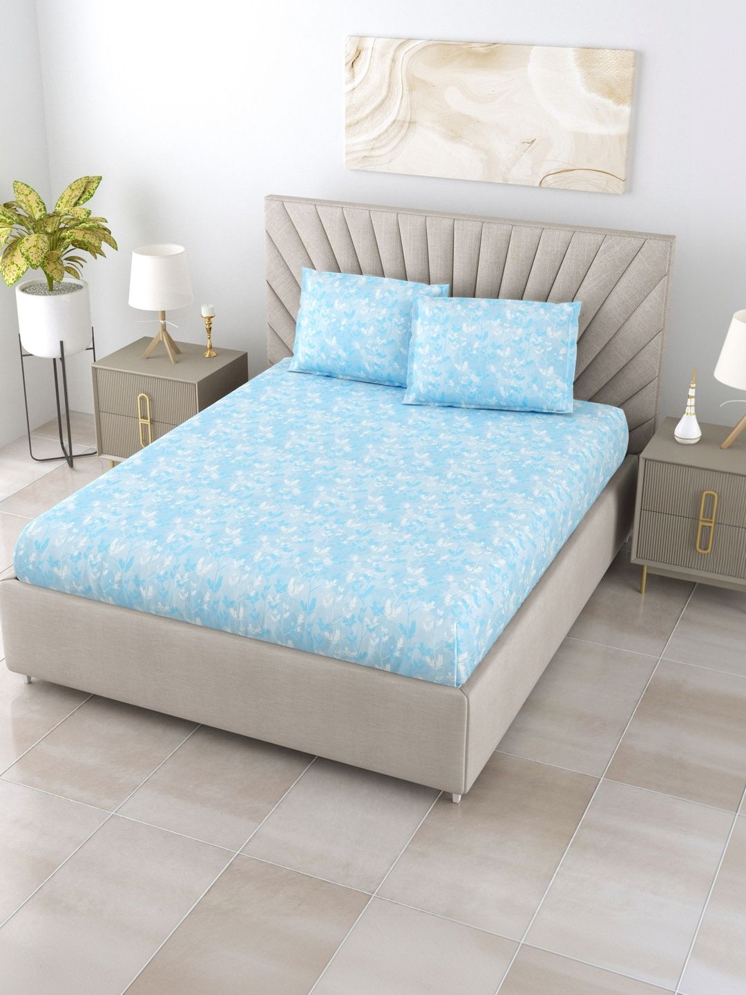 BOMBAY DYEING BOMBAY DYEING Blue Floral 164 TC Bedsheet with 2 Pillow Covers