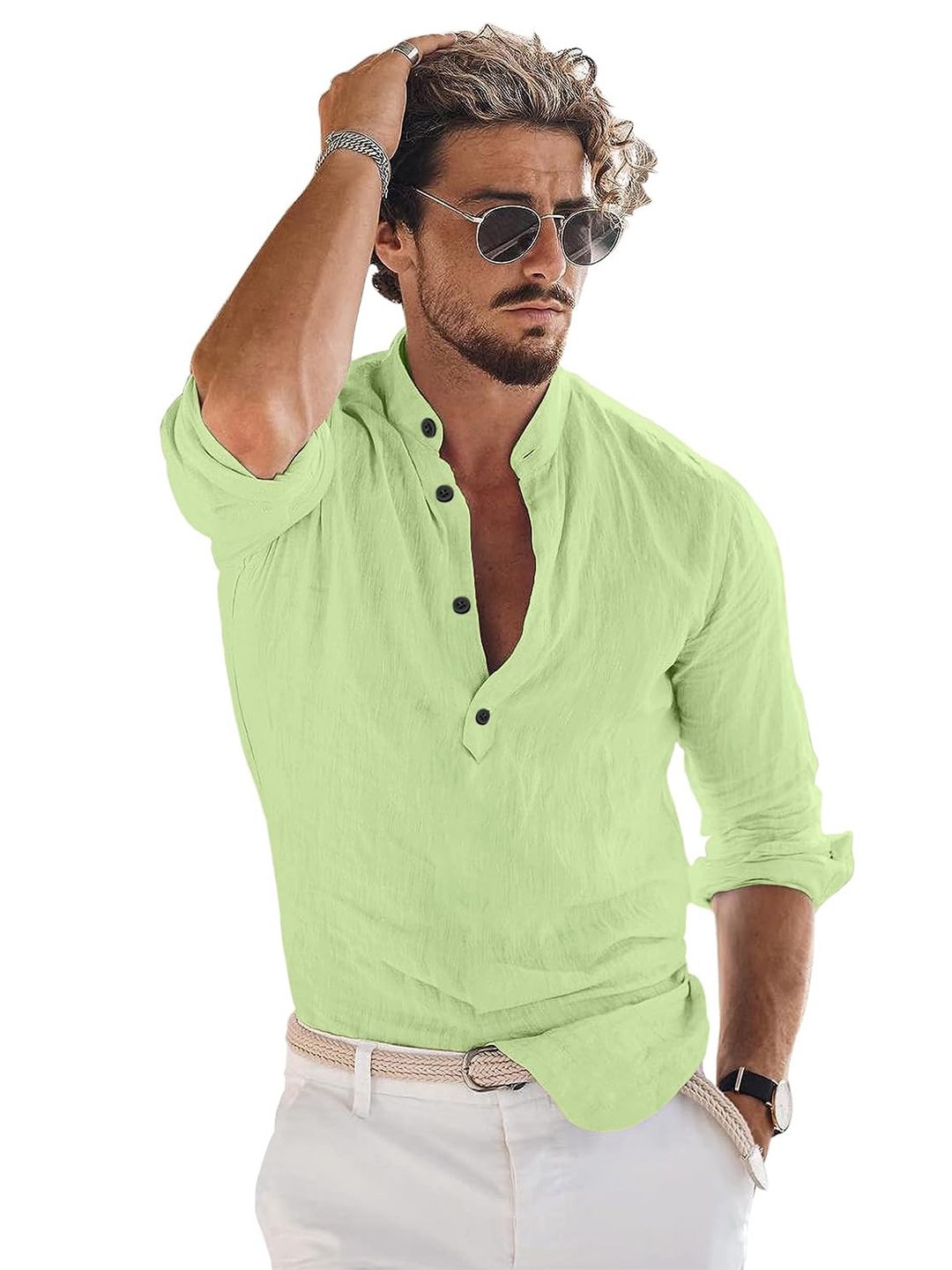 Bellstone Men's Solid Regular Fit Mandarin Collar Cotton Blend Casual Short Kurta