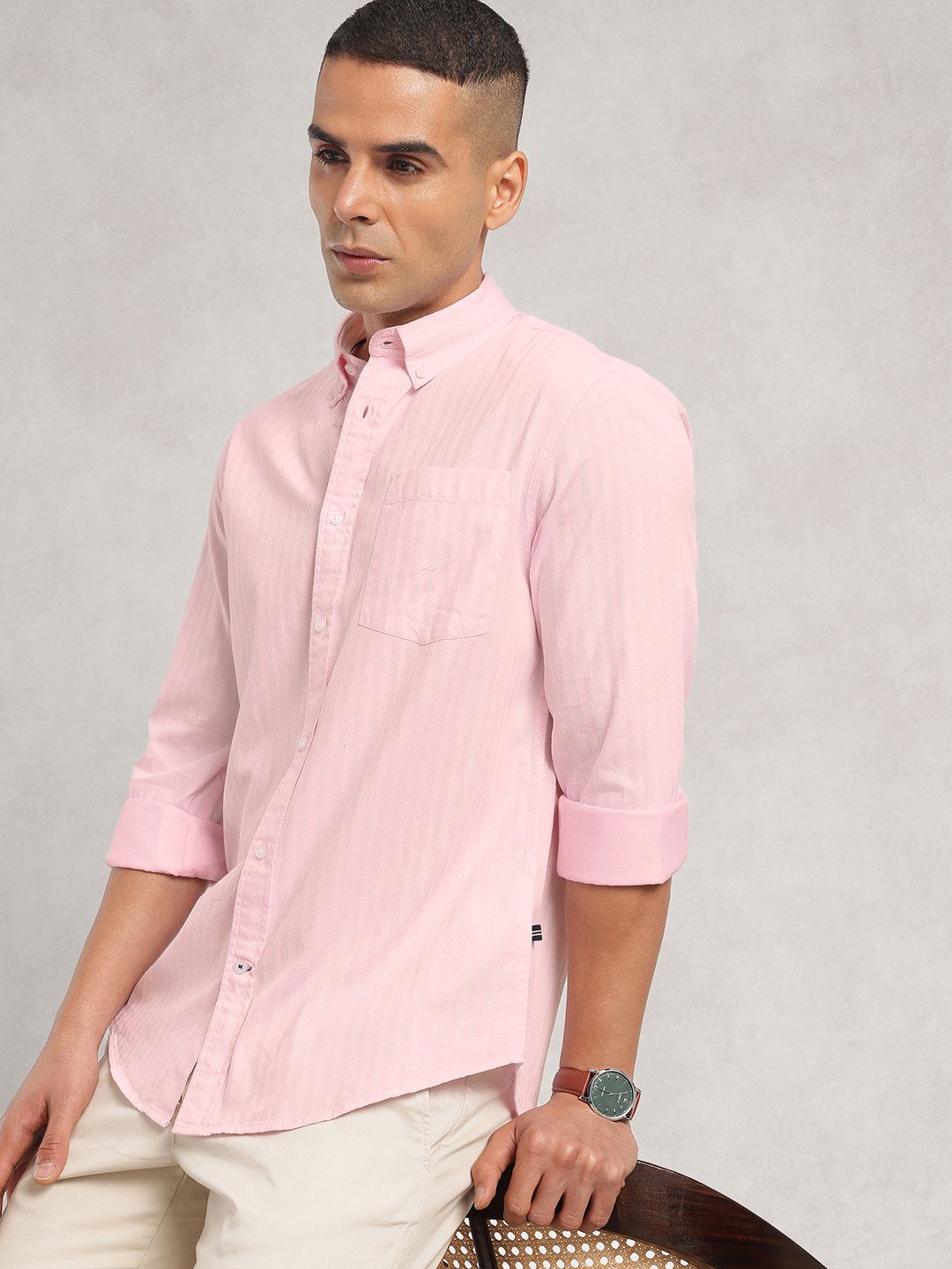 Nautica Slim Fit Self Design Textured Pure Cotton Casual Shirt