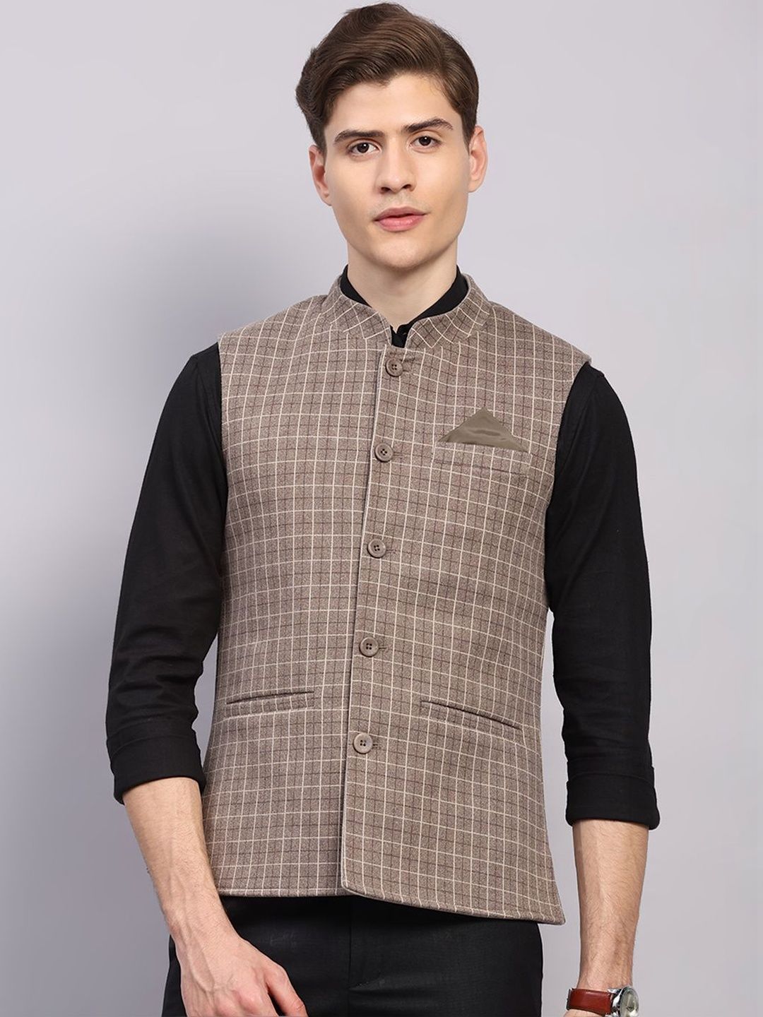 Monte Carlo Checked Woven Sleeveless Nehru Jackets