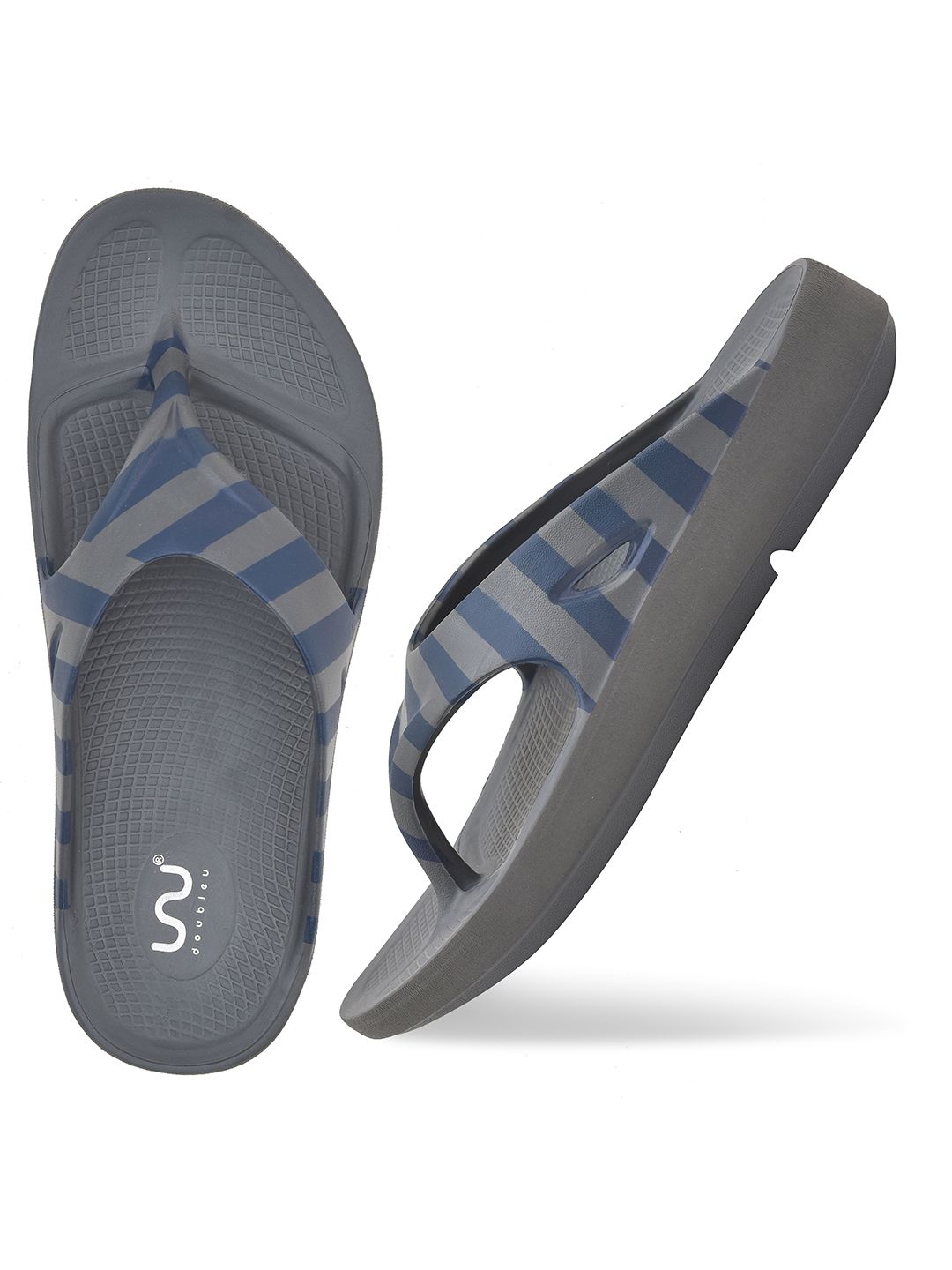 Doubleu Men Grey & Navy Blue Striped EVA Thong Flip-Flops