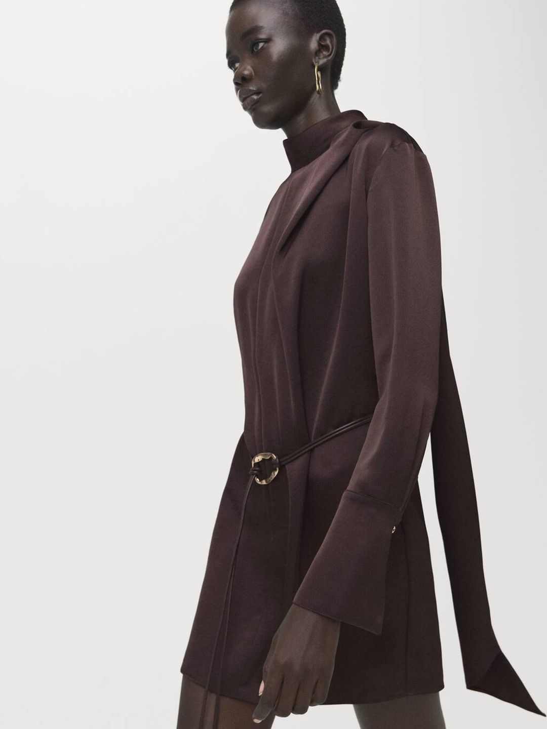 Satin Finish Belted Sheath Mini Dress with Scarf
