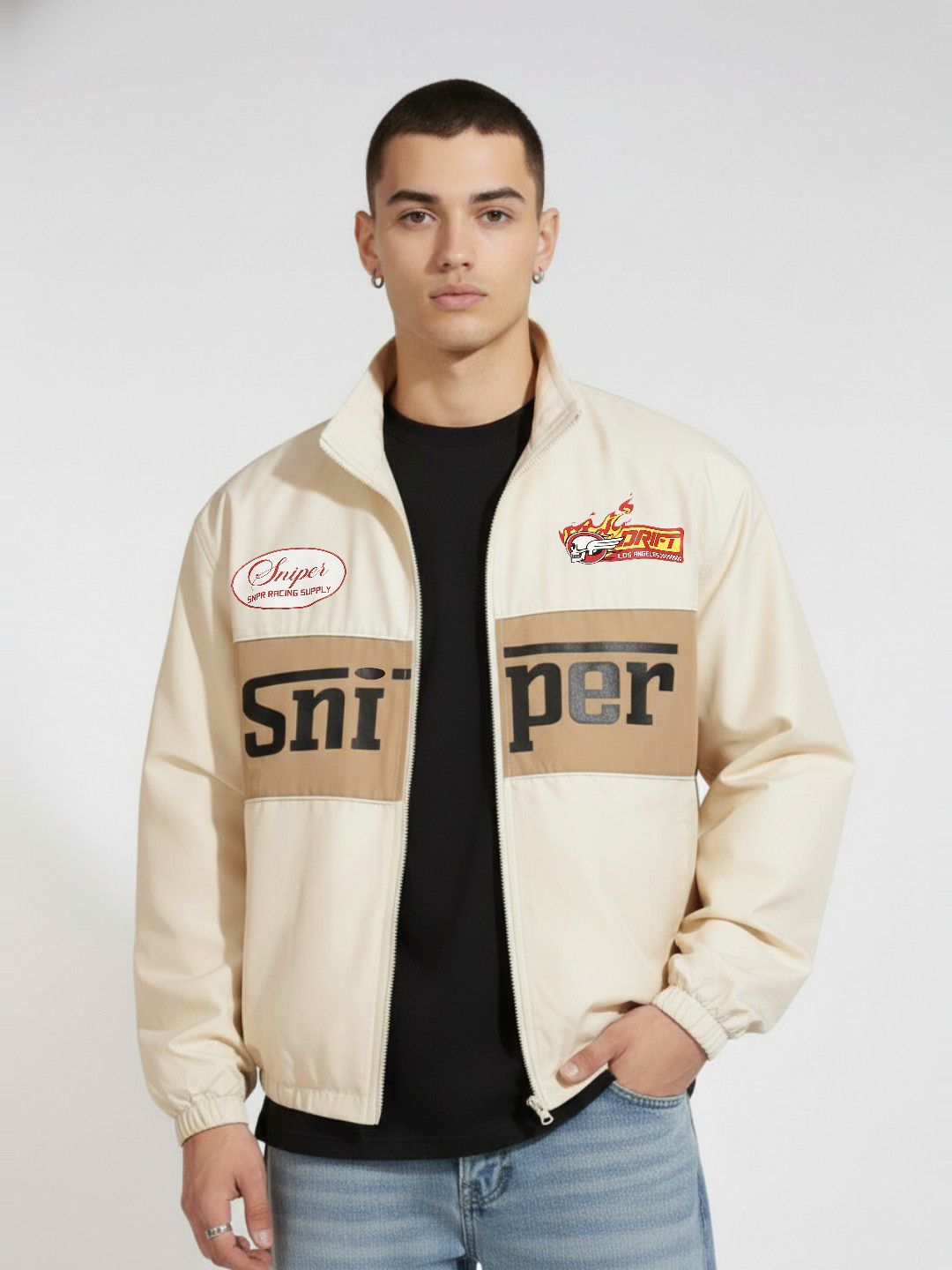 glitchez Typography Printed Mock Collar Pure Cotton Racer Revival Windcheater Bomber