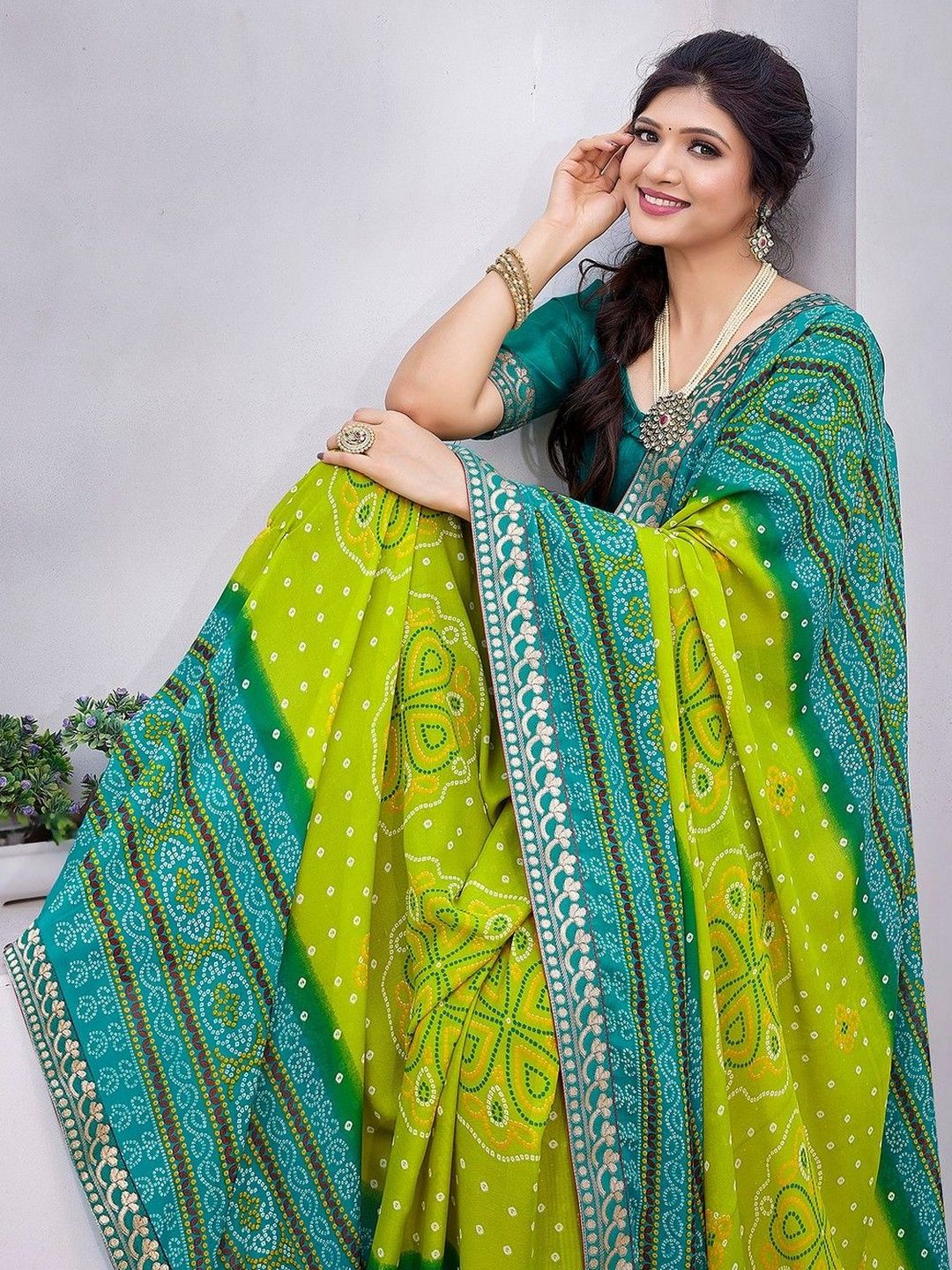 JANOI Bandhani Poly Georgette Designer Saree
