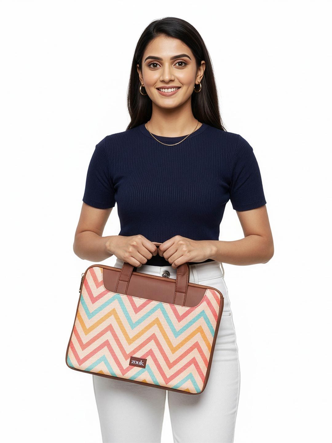 ZOUK Women Brown & Peach-Coloured Printed Jute Laptop Sleeve