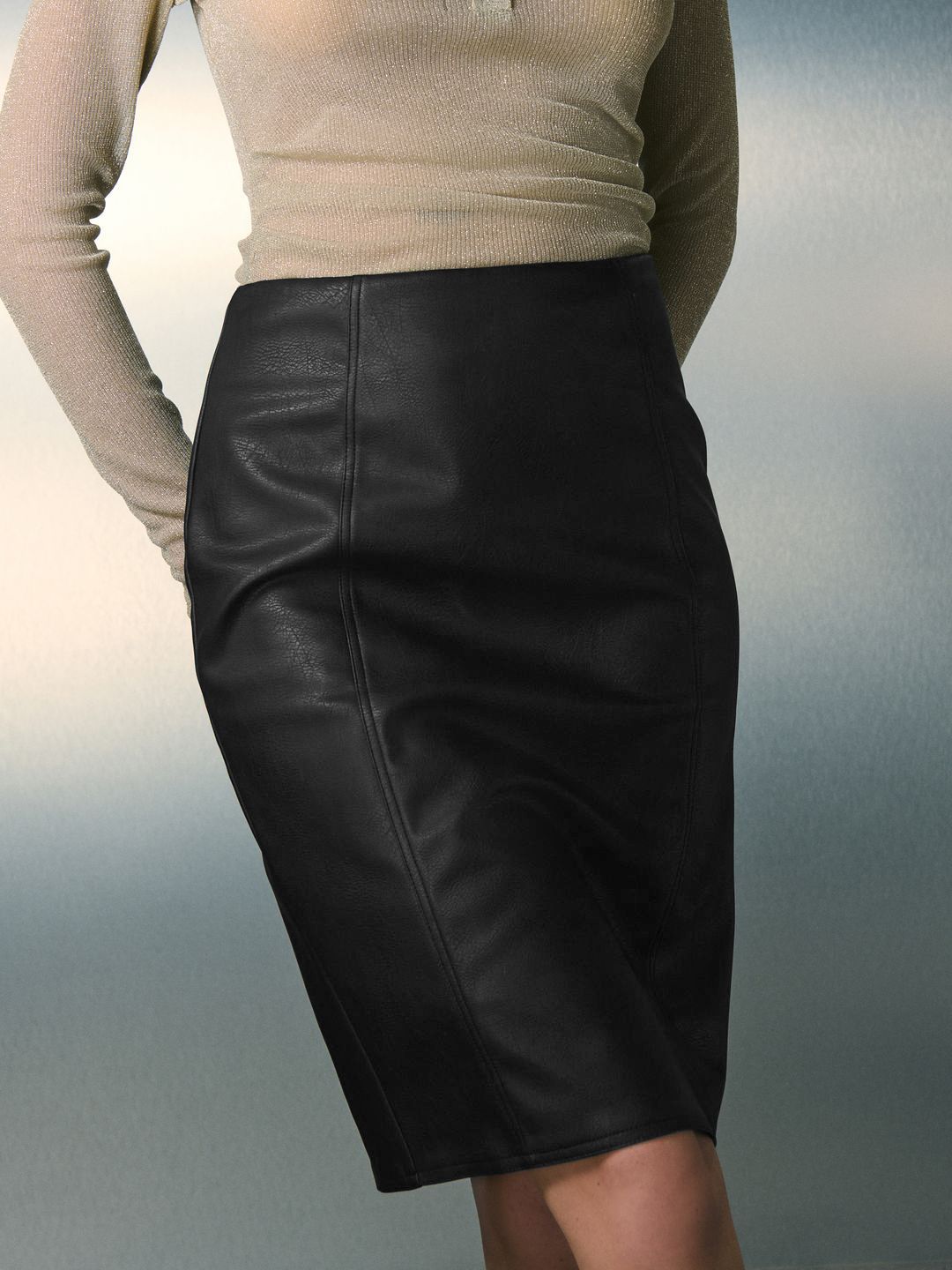 NEXT Mid-Rise PU Coated Pencil Above Knee Length Skirt