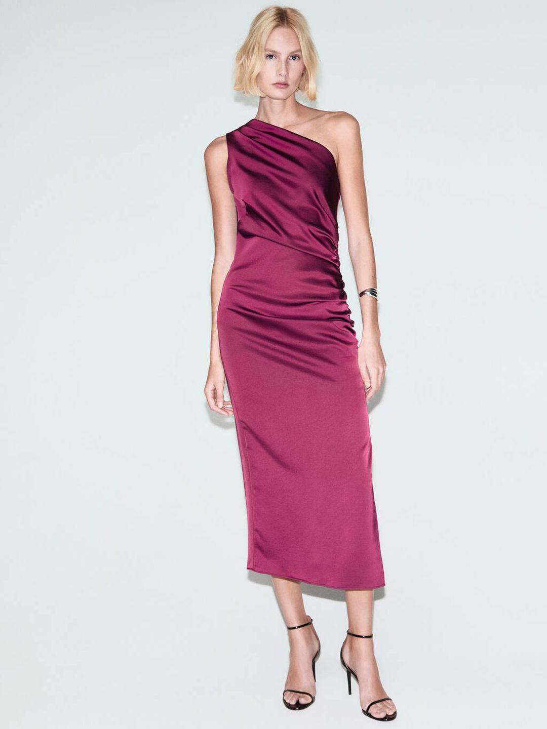 Ruffled One Shoulder Satin Sheath Midi Dress