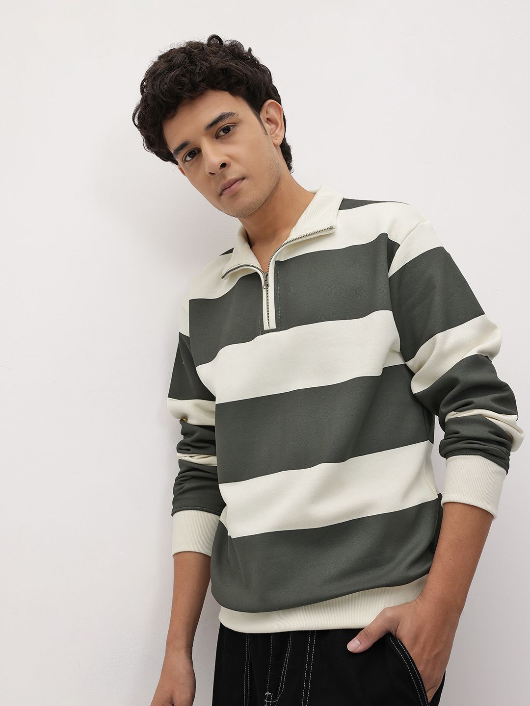 The Roadster Lifestyle Co. Striped Mock Collar Pullover with Half Zipper
