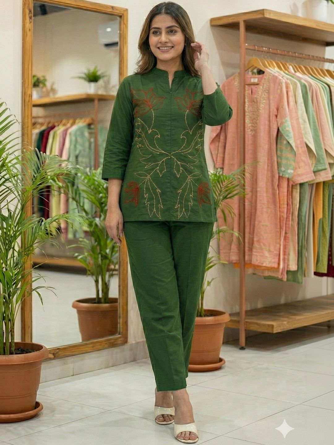 HERE&NOW Embroidered Mandarin Collar Tunic & Trousers Co-Ords