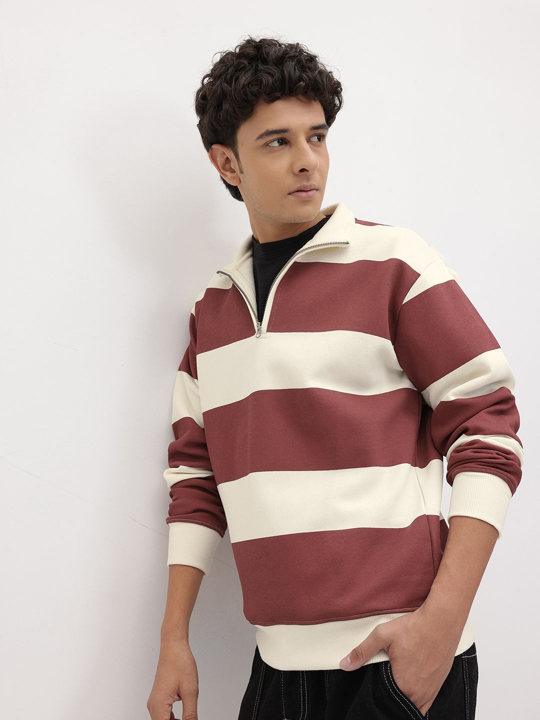 The Roadster Lifestyle Co. Striped Mock Collar Pullover with Half Zipper
