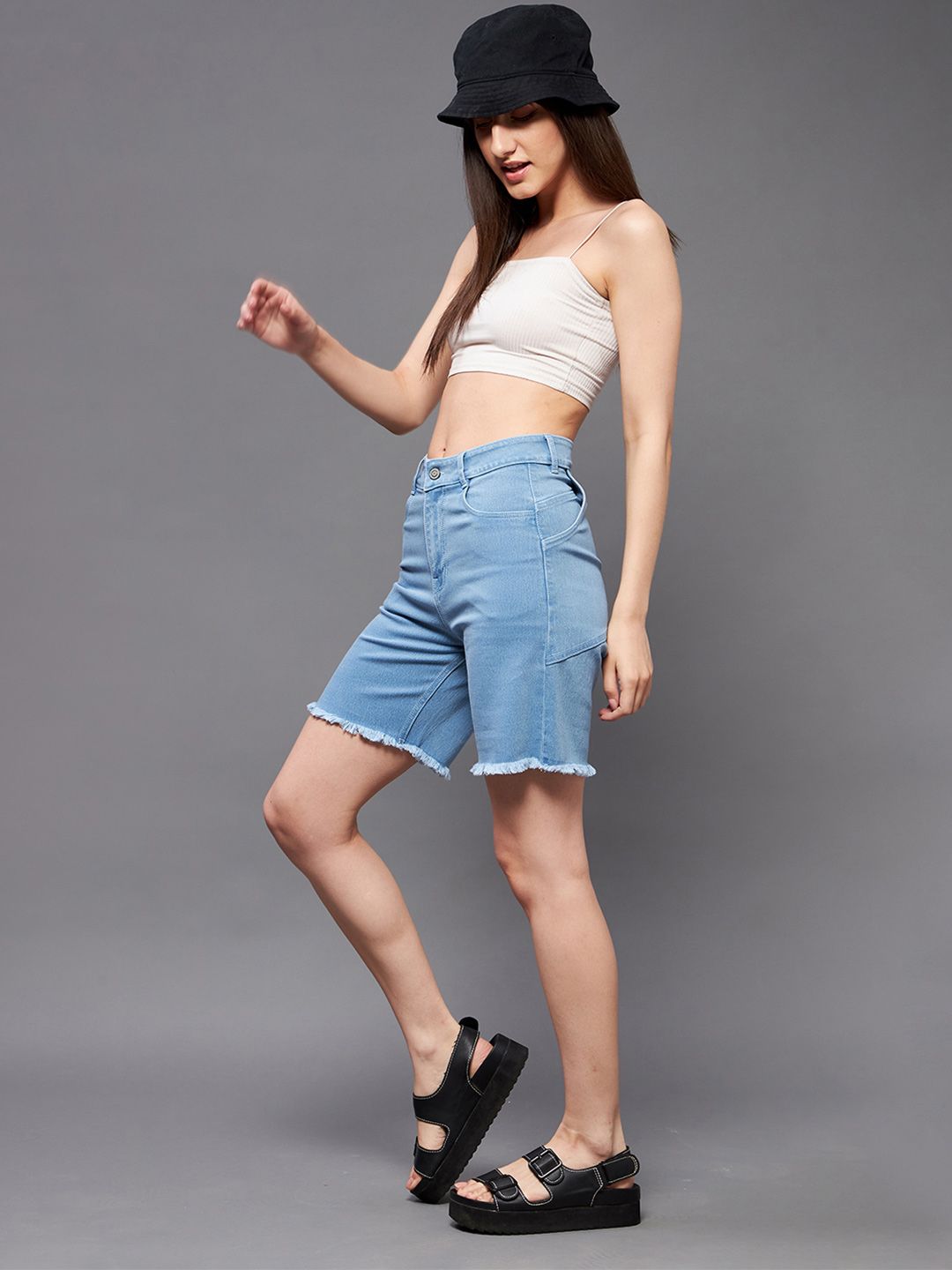 Miss Chase Women Blue Mid-Rise Frayed Denim Shorts