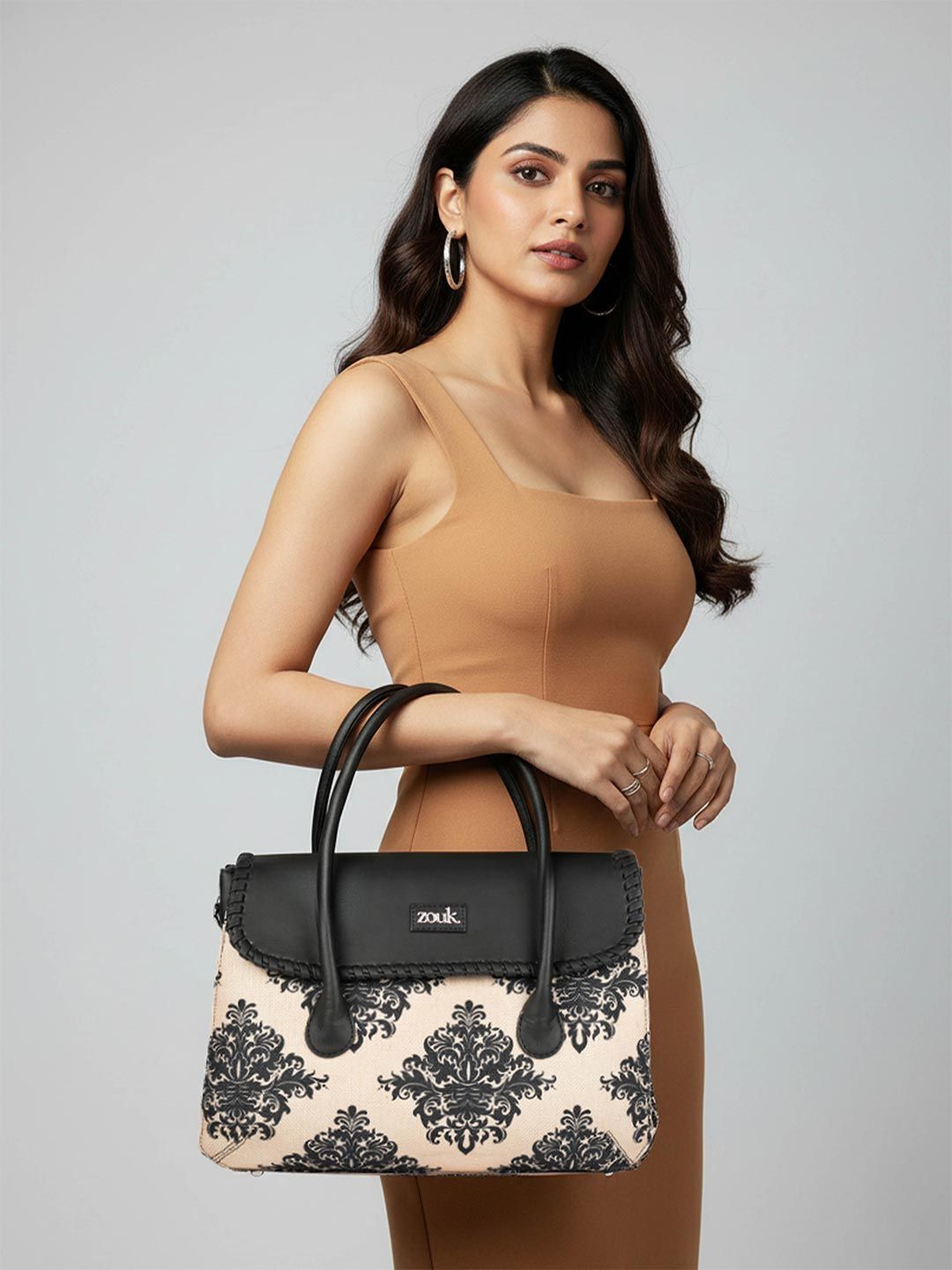 Printed Satchel With Tasselled ZOUK Ethnic Motifs Printed Jute Structured Satchel