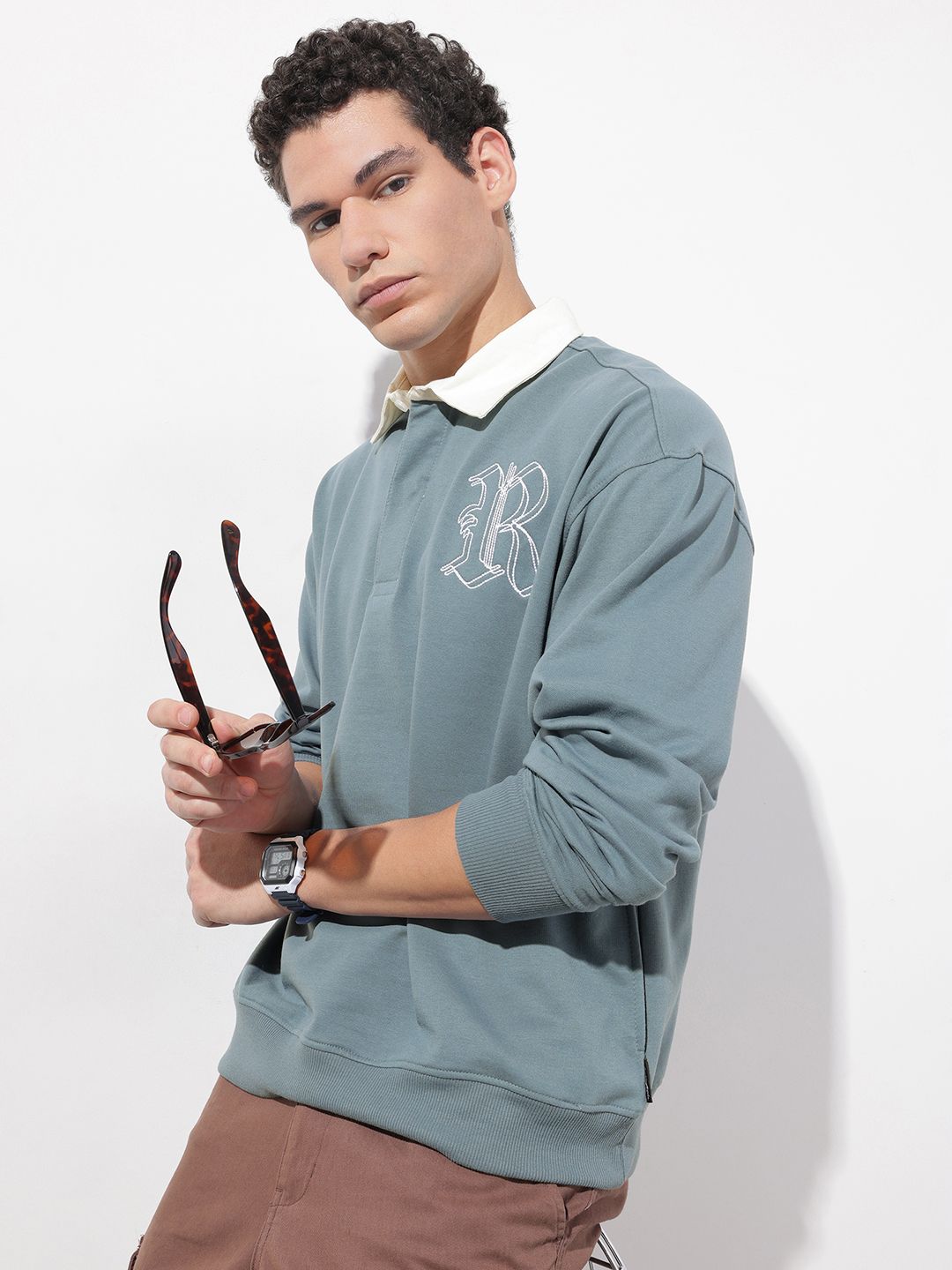 The Roadster Life Co. Shirt Collar Embroidered Relaxed Fit Sweatshirt