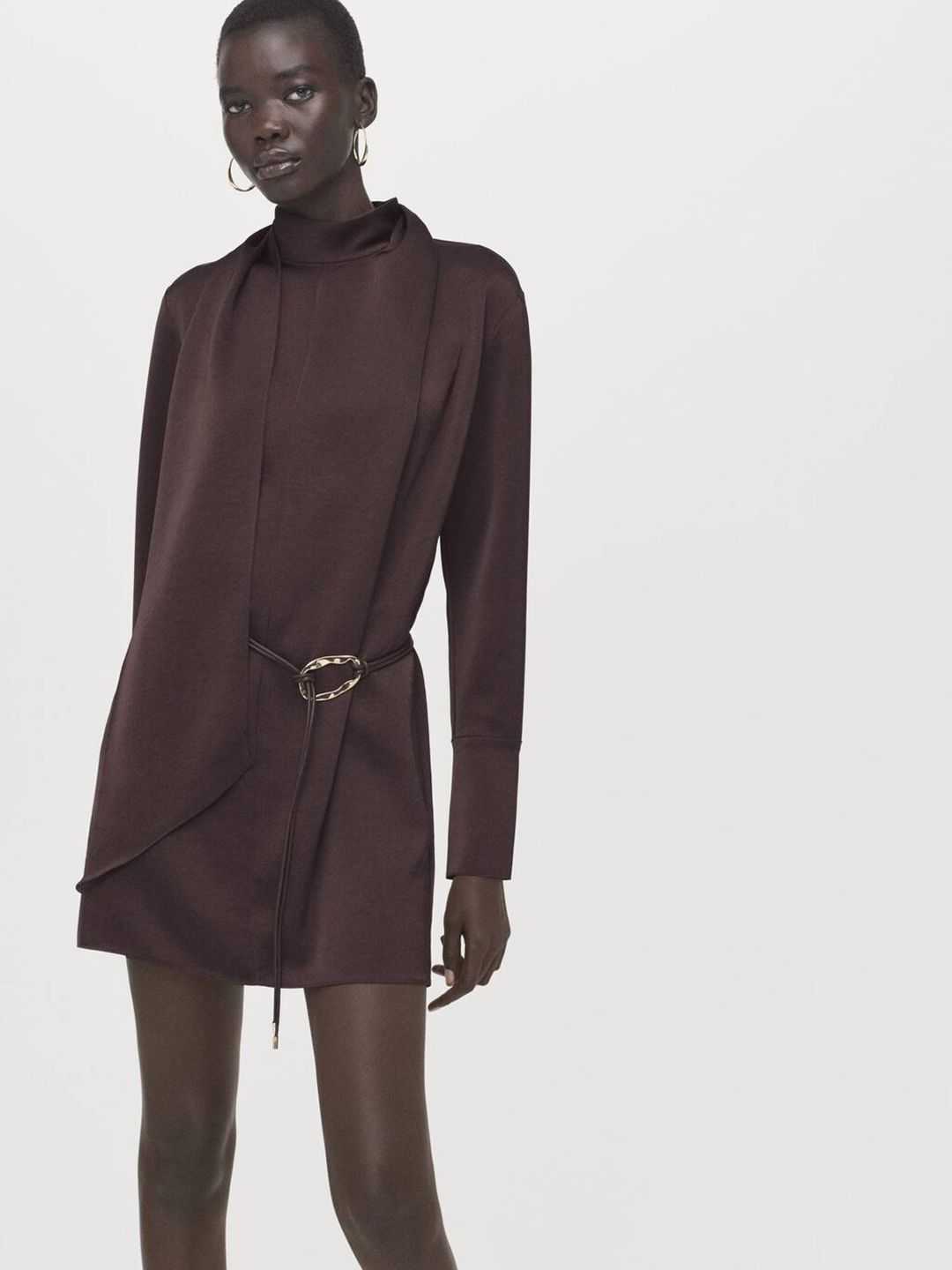 Satin Finish Belted Sheath Mini Dress with Scarf