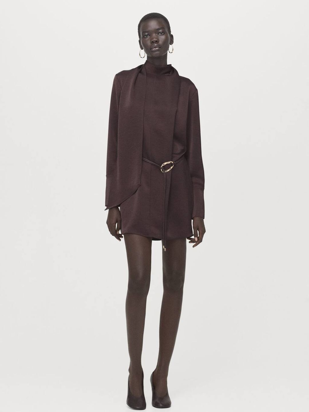 Satin Finish Belted Sheath Mini Dress with Scarf