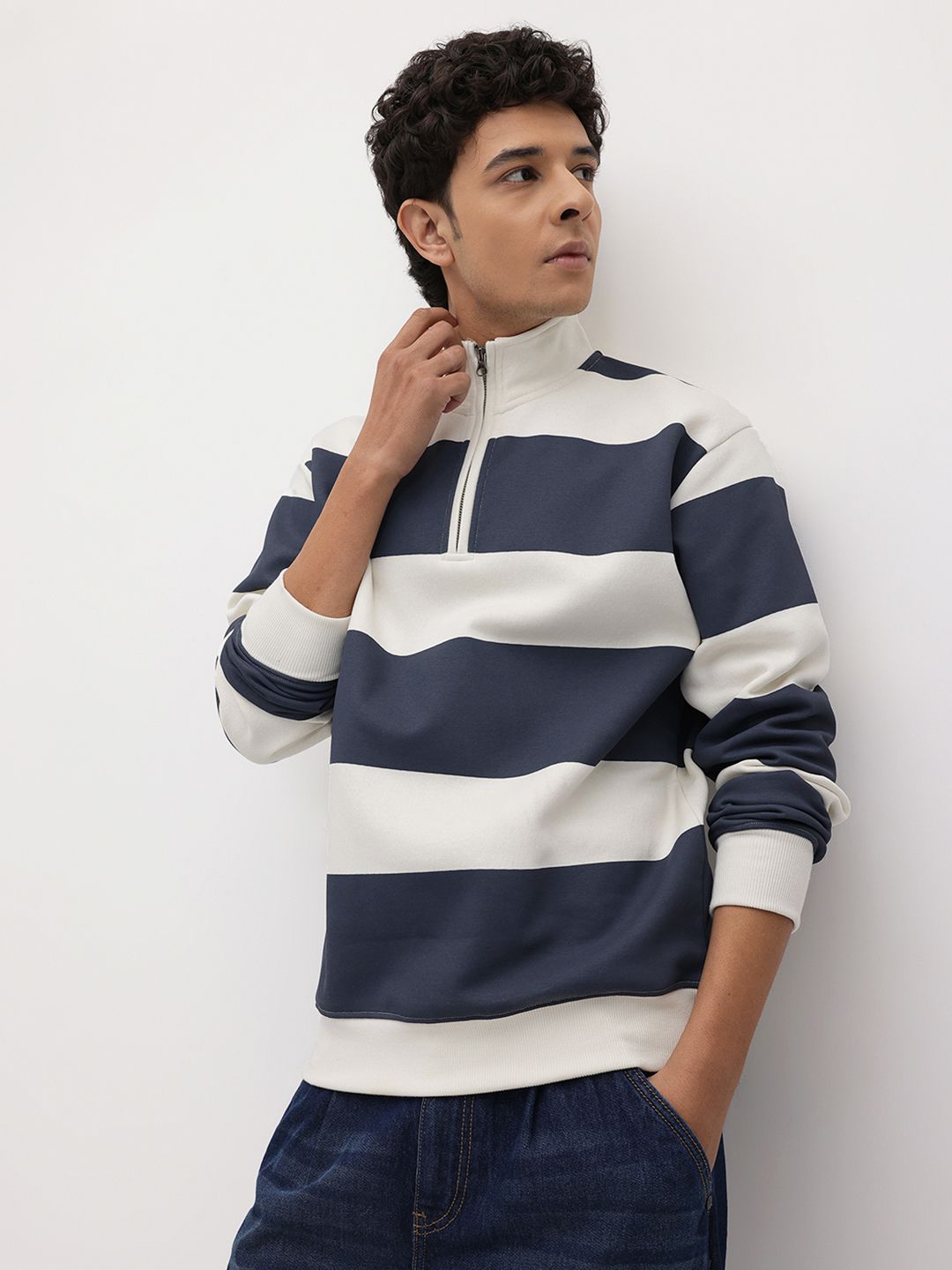The Roadster Lifestyle Co. Striped Mock Collar Pullover with Half Zipper