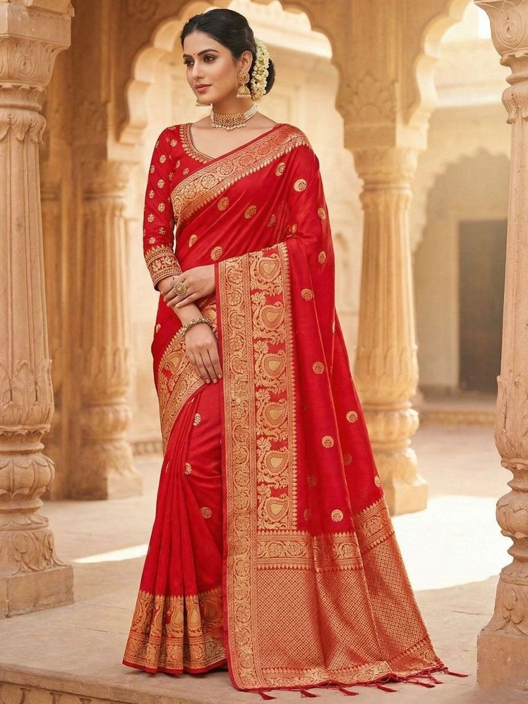BAFNA MENS WEAR BAFNA MENS WEAR Ethnic Motifs Woven Design Zari Saree with Unstitched Blouse Piece