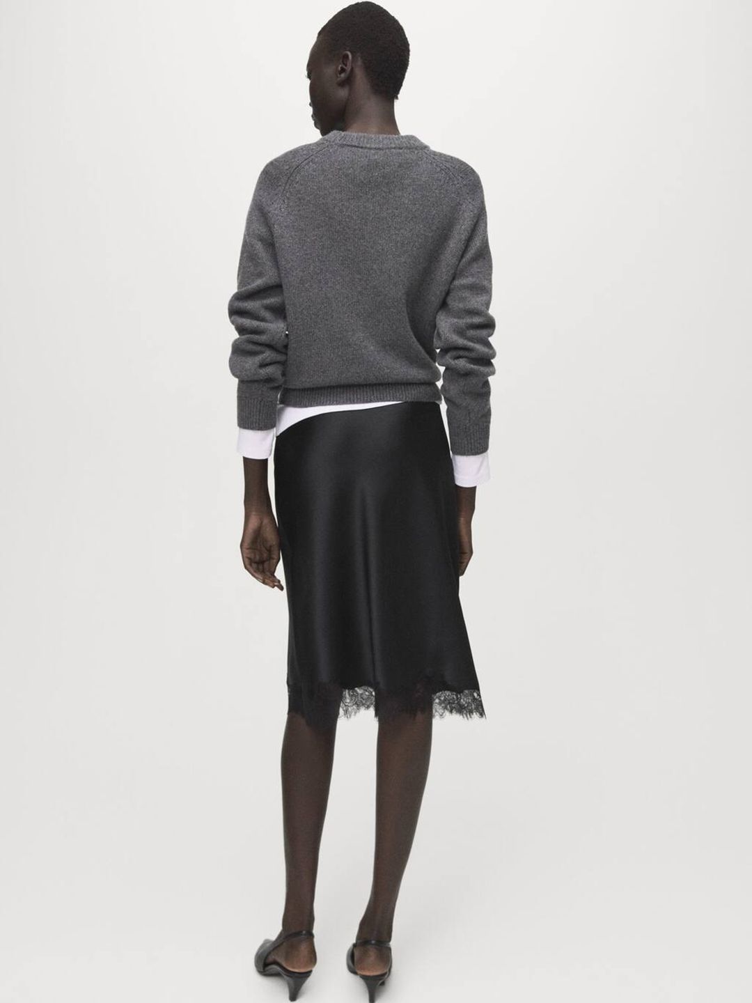 Mid-Rise Lace Inserts Satin Finish Straight Midi Skirt