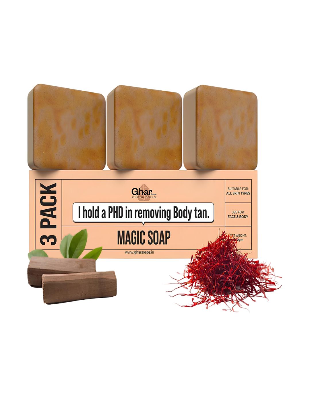 GHAR SOAPS Set Of 3 Magic Soap DeTan And Brightening Soap With Saffron - 100 g Each