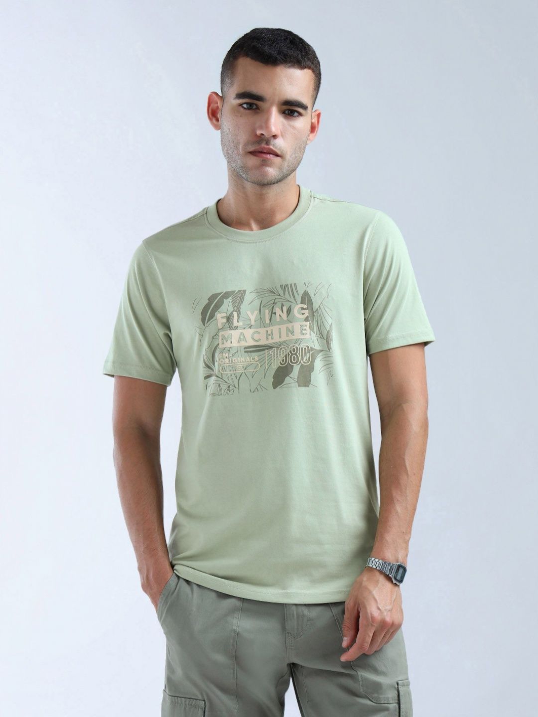 Flying Machine Men Regular Fit Graphic Printed Round Neck Cotton T-shirt