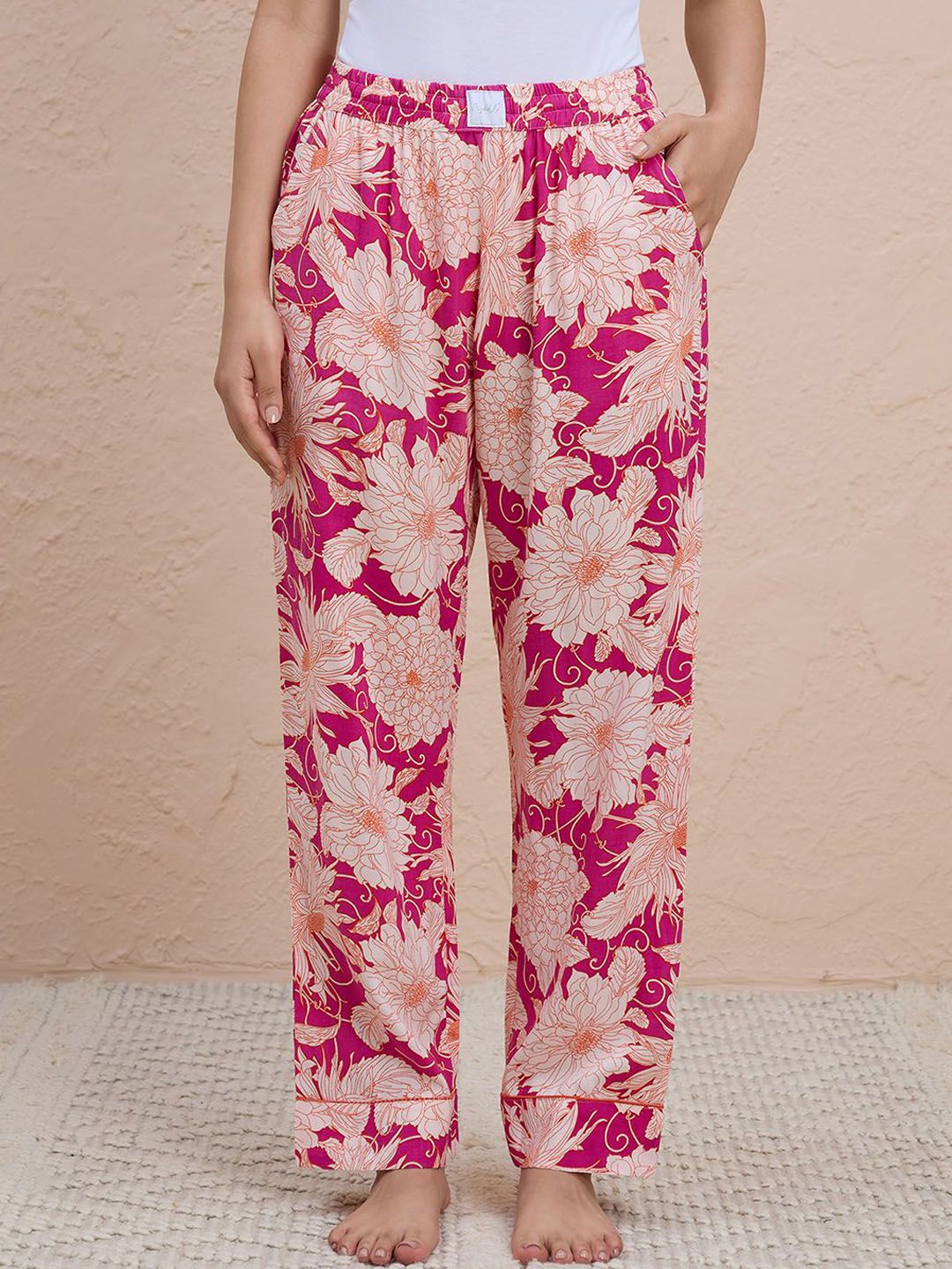 Nykd Women Floral Printed Breezy Straight Lounge Pants With Elasticated Waist & Pockets