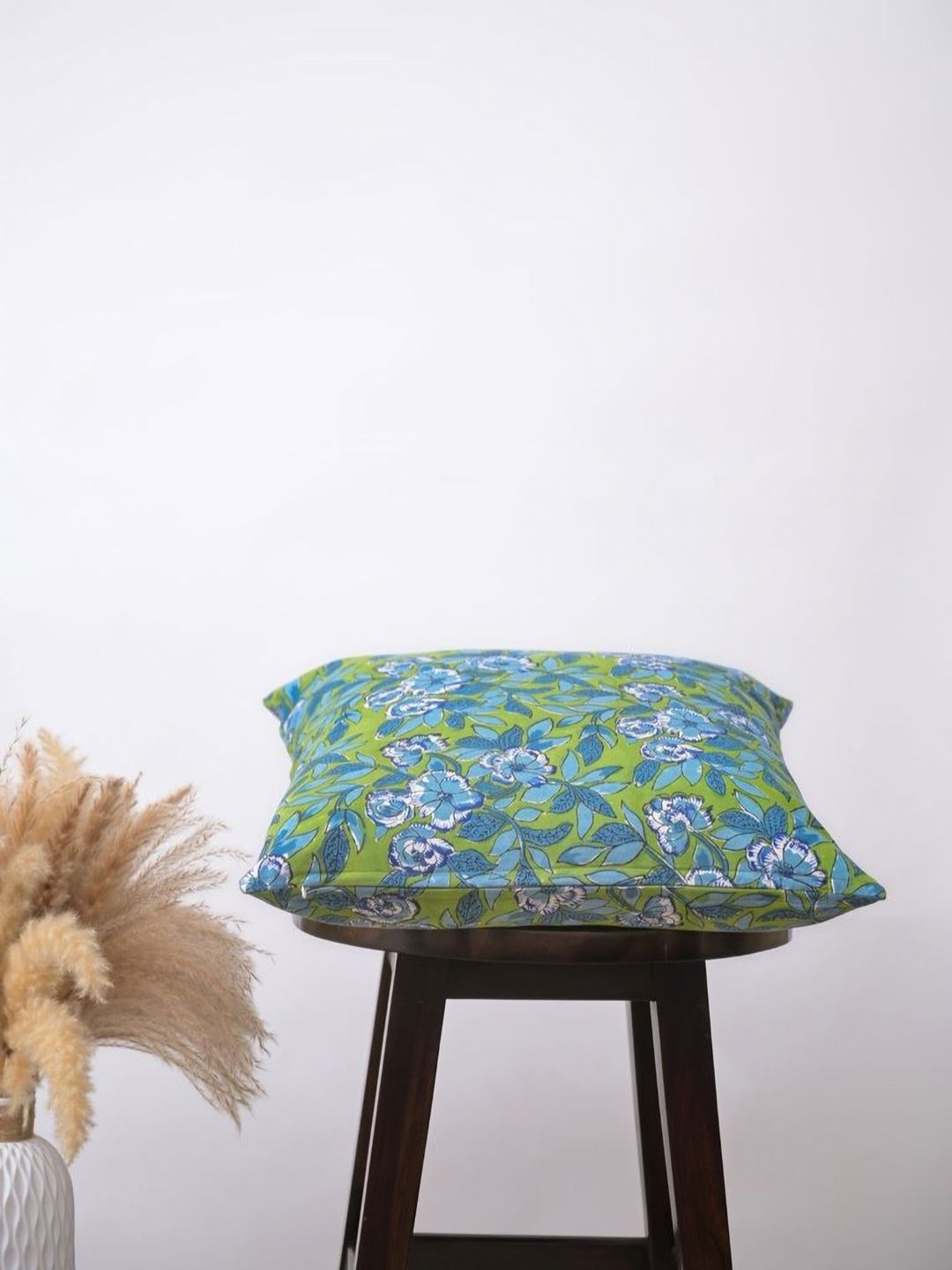 Block N Style Varaha Green & Blue Floral Printed Cotton Square Cushion Cover