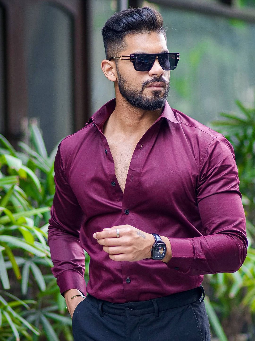 Foomer Men Standard Satin Cotton Opaque Spread Collar Casual Shirt