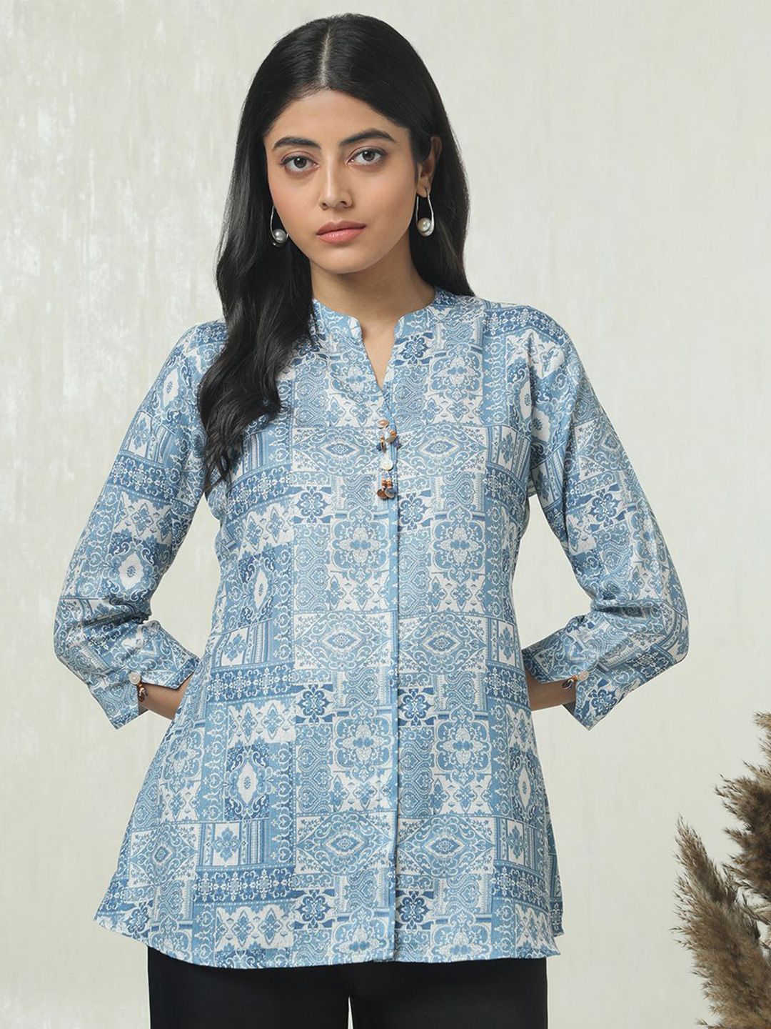 Soch Linen Mandarin Collar Printed Tunic