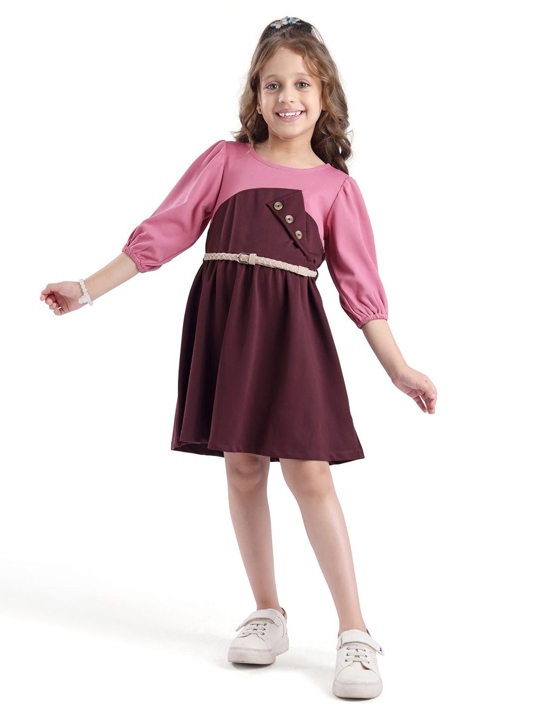 Hola Bonita Girls Colourblocked Round Neck Puff Sleeves Fit & Flare Dress