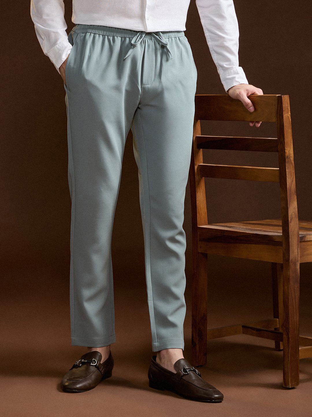 THE BEAR HOUSE Men Solid Slim Fit Formal Trouser with Elastic Waistband